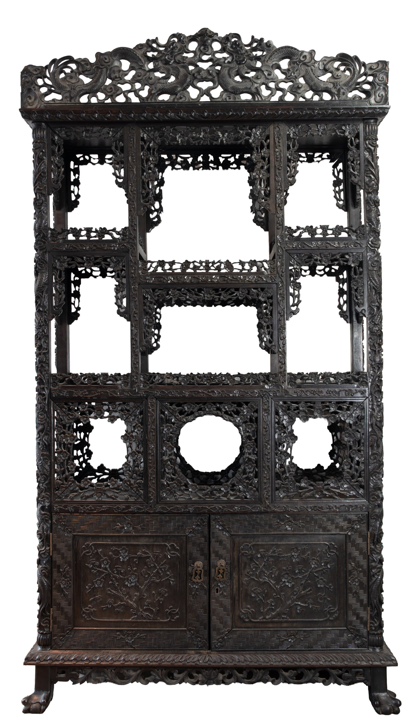 A LARGE CHINESE CARVED HARDWOOD DISPLAY CABINET, 19TH CENTURY. (1 of 12)