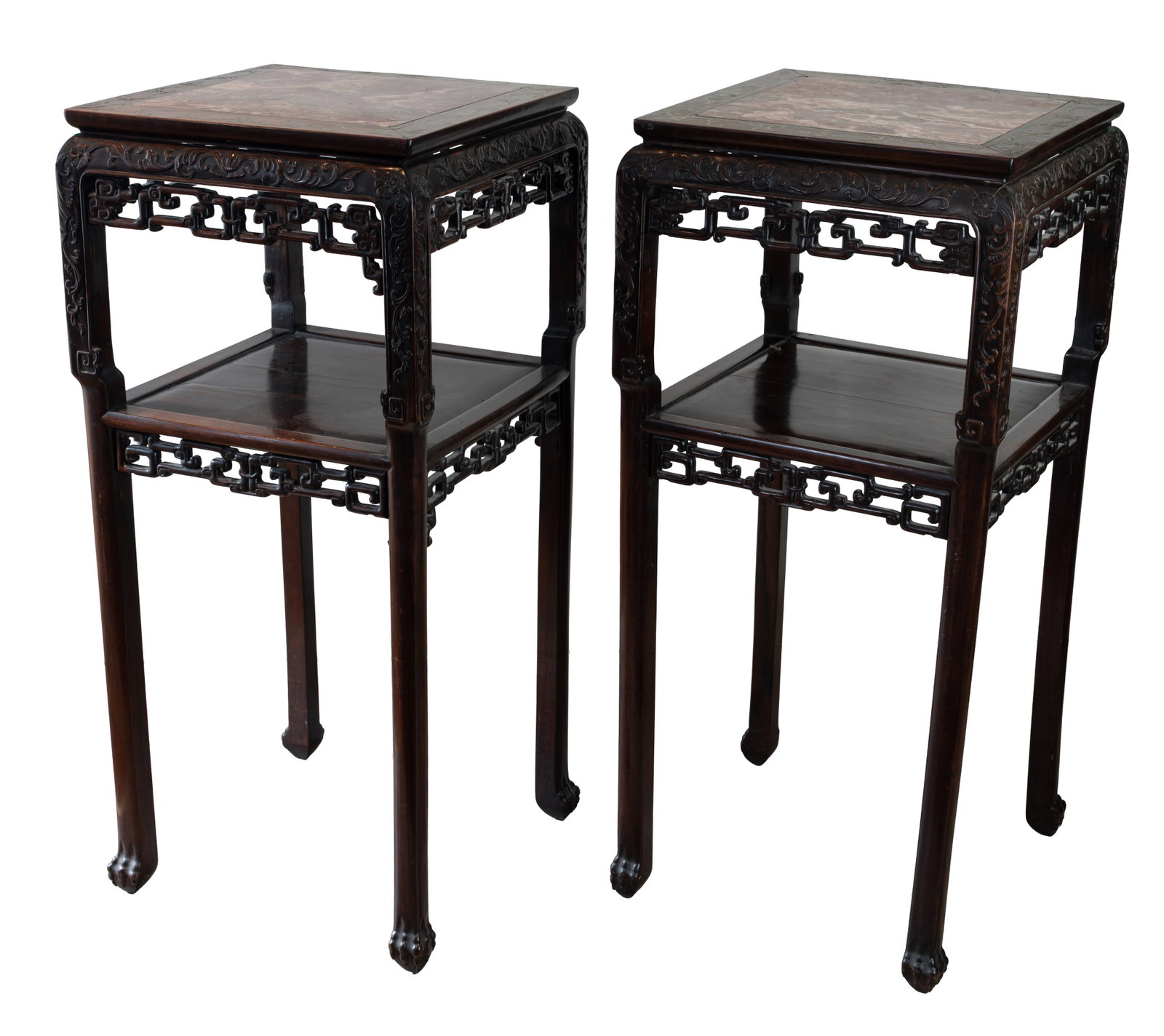 A FINE LARGE PAIR OF CHINESE HARDWOOD MARBLE INSET JARDINIERE STANDS WITH BRASS INLAY, 19TH CENTURY. (1 of 12)