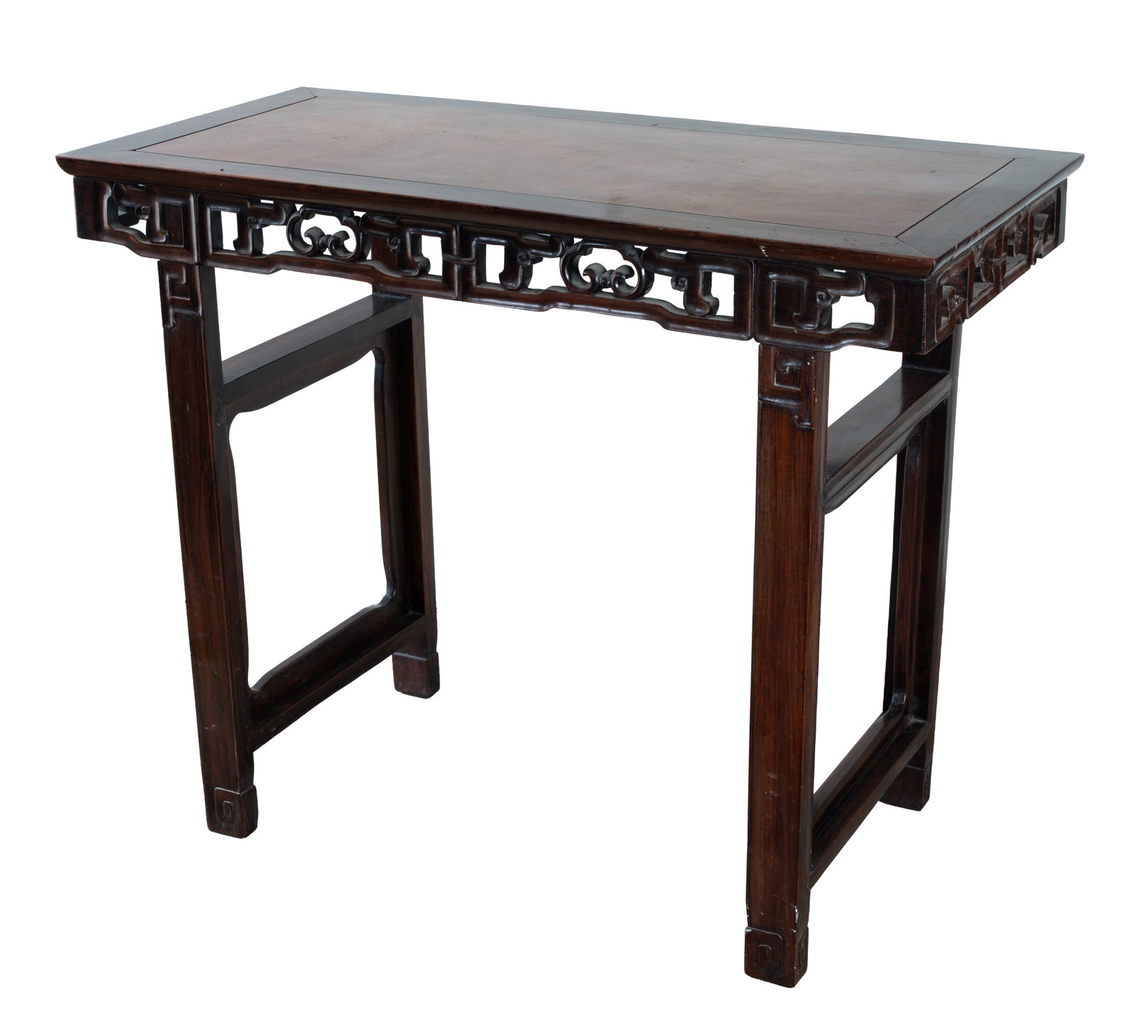 A CHINESE 19TH / EARLY 20TH CENTURY HARDWOOD AND BURR WALNUT TOPPED ALTAR TABLE BEARING SHUI HING: A CHINESE 19TH / EARLY 20TH CENTURY HARDWOOD AND BURR WALNUT TOPPED ALTAR TABLE BEARING SHUI HING LABEL, KOWLOON, HONG KONG. The table of rectangular form with a burr walnut insert, above a pierced fr