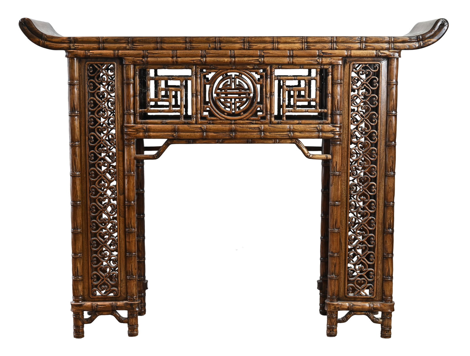 A CHINESE FAUX BAMBOO CARVED ELM WOOD ALTAR TABLE, 20TH CENTURY. (1 of 7)
