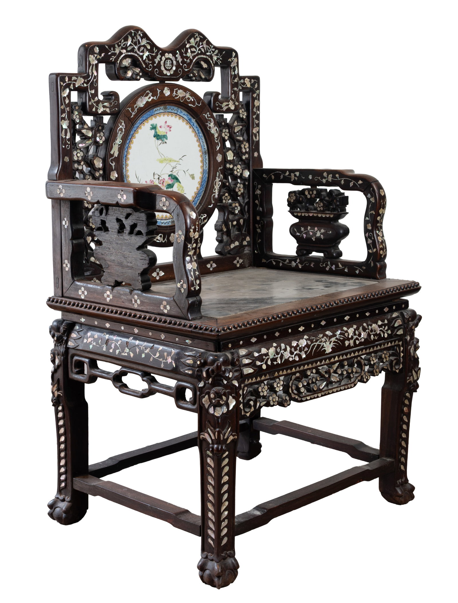 A LARGE CHINESE CARVED HARDWOOD, MOTHER OF PEARL, MARBLE AND PORCELAIN INSET ARMCHAIR, 19TH CENTURY.: A LARGE CHINESE CARVED HARDWOOD, MOTHER OF PEARL, MARBLE AND PORCELAIN INSET ARMCHAIR, 19TH CENTURY. With shaped, carved and pierced top rail inlaid with floral mother of pearl decoration above a pier