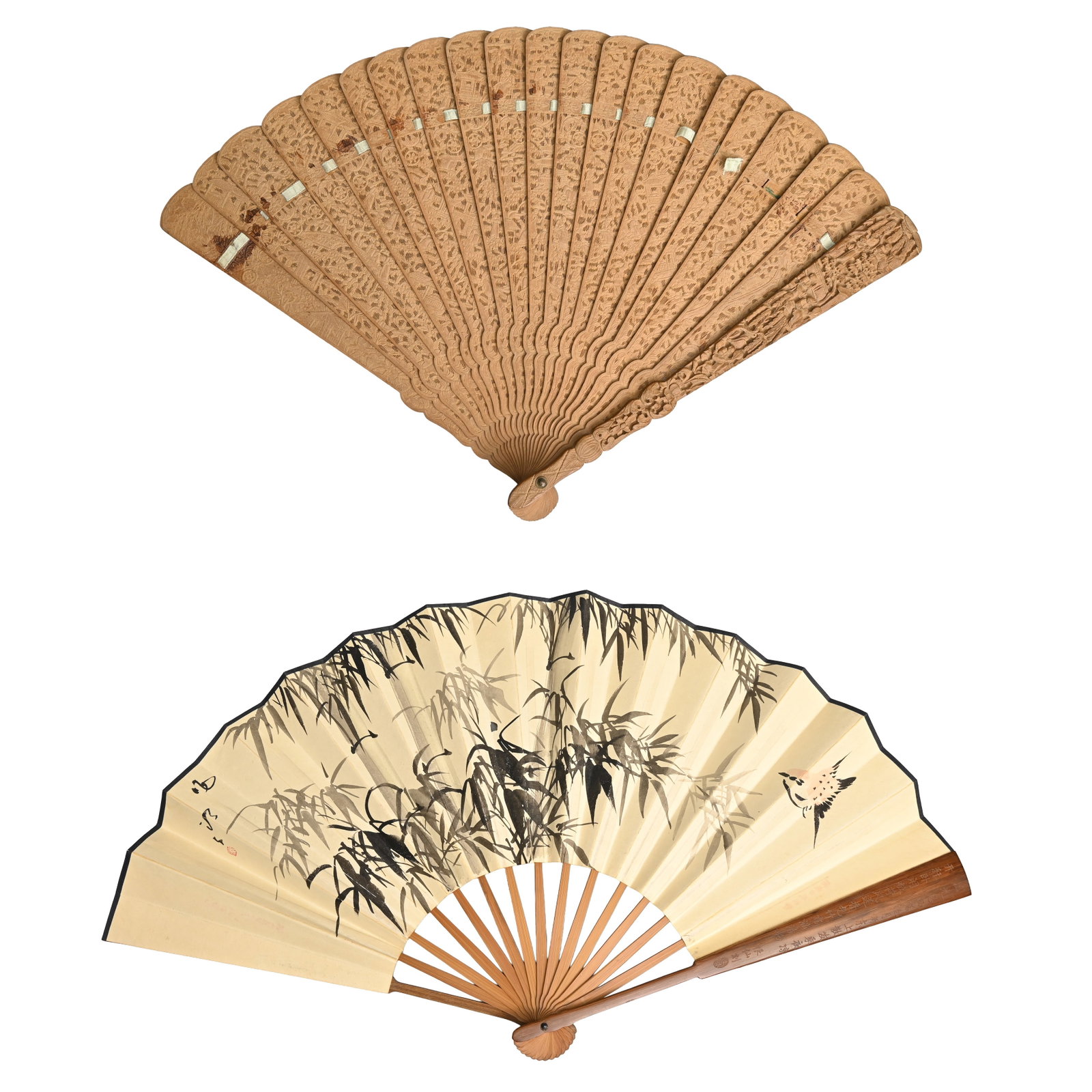 A CHINESE CARVED SANDALWOOD BRISE FAN TOGETHER WITH A BAMBOO AND PAINTED PAPER FAN, 19/20TH CENTURY. (1 of 20)