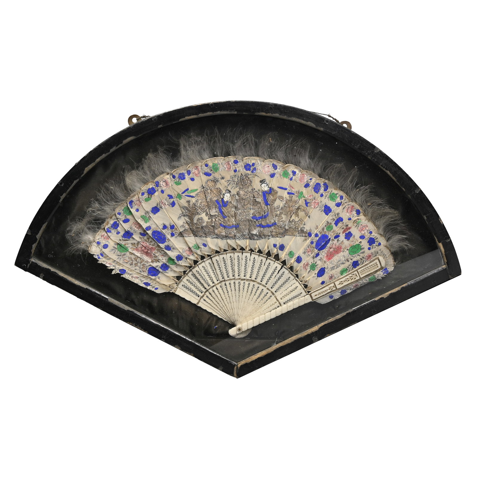 A CHINESE PIERCED BONE AND PAINTED FEATHER BRISE FAN, 19TH CENTURY, IN GLAZED DISPLAY CASE. (1 of 6)