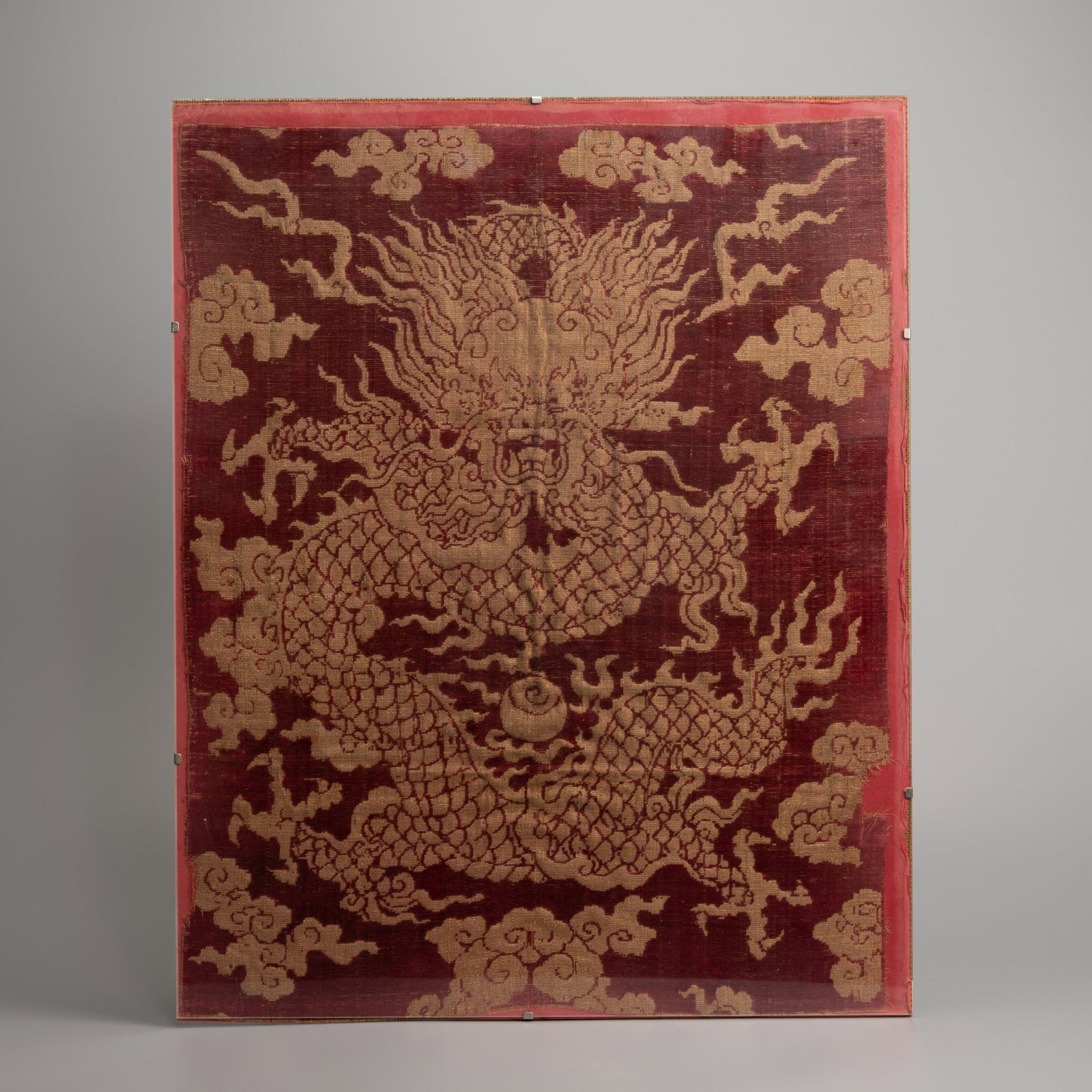 A CHINESE SILK EMBROIDERED 'DRAGON' FRAGMENT, QING DYNASTY. (1 of 5)