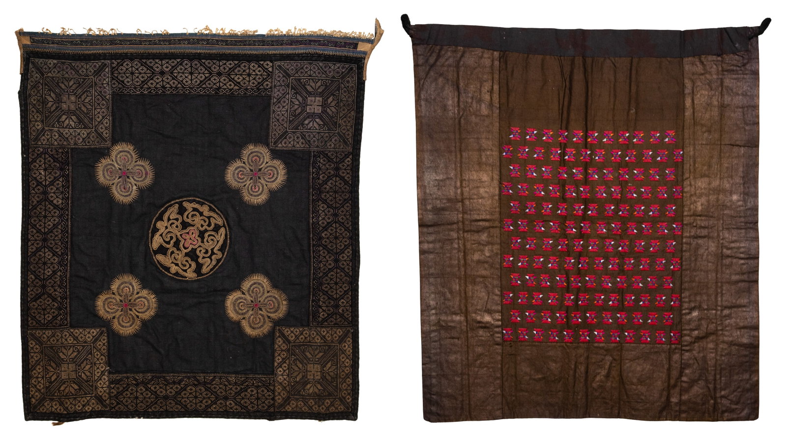 CHINESE HILL TRIBE MIAO / DONG ETHNIC MINORITY EMBROIDERED TEXTILE APRONS, 19/20TH CENTURY.: CHINESE HILL TRIBE MIAO / DONG ETHNIC MINORITY EMBROIDERED TEXTILE APRONS, 19/20TH CENTURY. The first black ground, finely embroidered with stylised floral motifs and geometric borders, 44cm x 39cm; T
