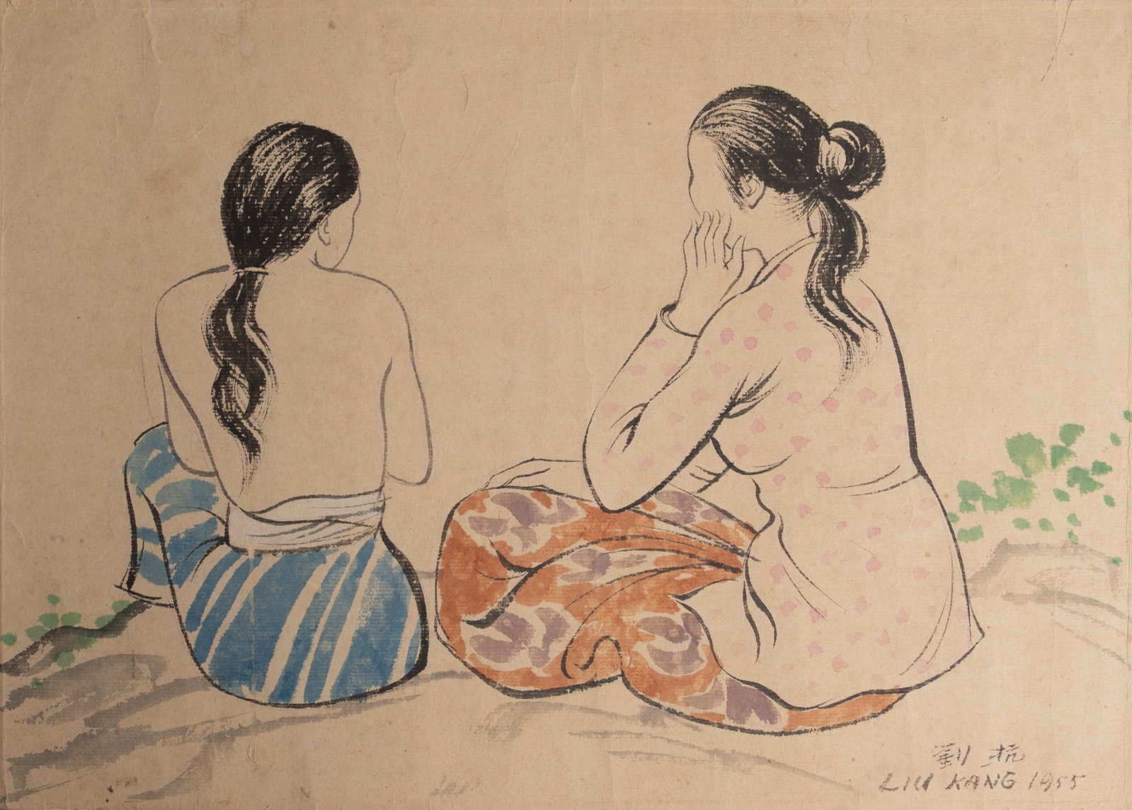 LIU KANG (SINGAPORE 1911-2004), FEMALE STUDY, INK AND COLOUR ON PAPER, DATED 1955. (1 of 7)