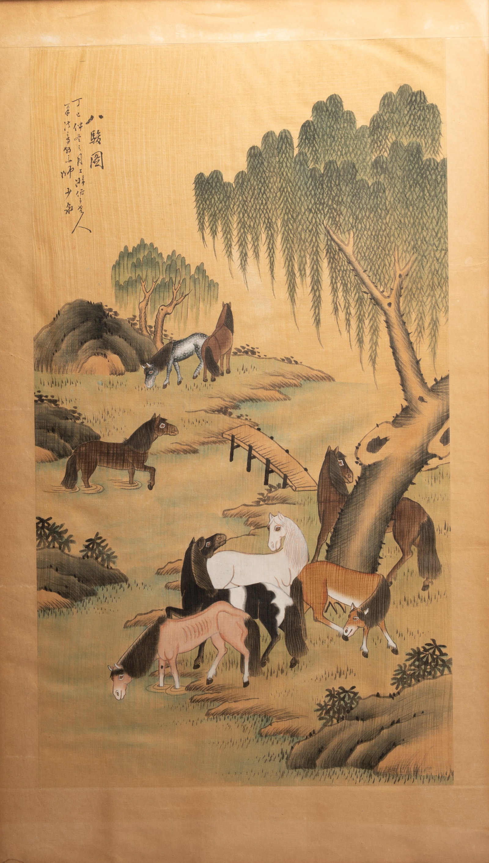 CHINESE FRAMED INK AND COLOUR ON PAPER OF EIGHT HORSES WITH INSCRIPTION, 20TH CENTURY. (1 of 5)