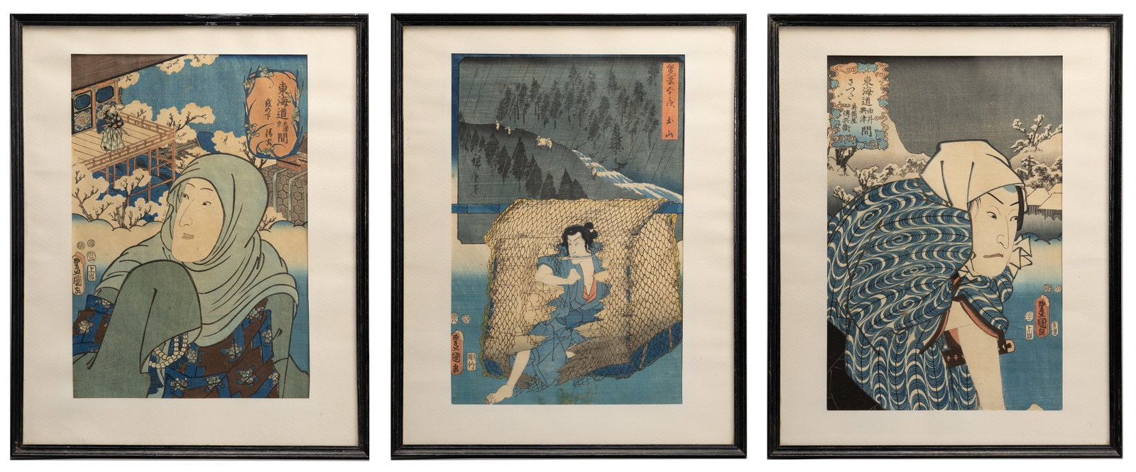 UTAGAWA HIROSHIGE, KUNISADA, THREE FRAMED JAPANESE WOODBLOCK PRINTS, WITH RECEIPT, LATE EDO PERIOD. (1 of 15)