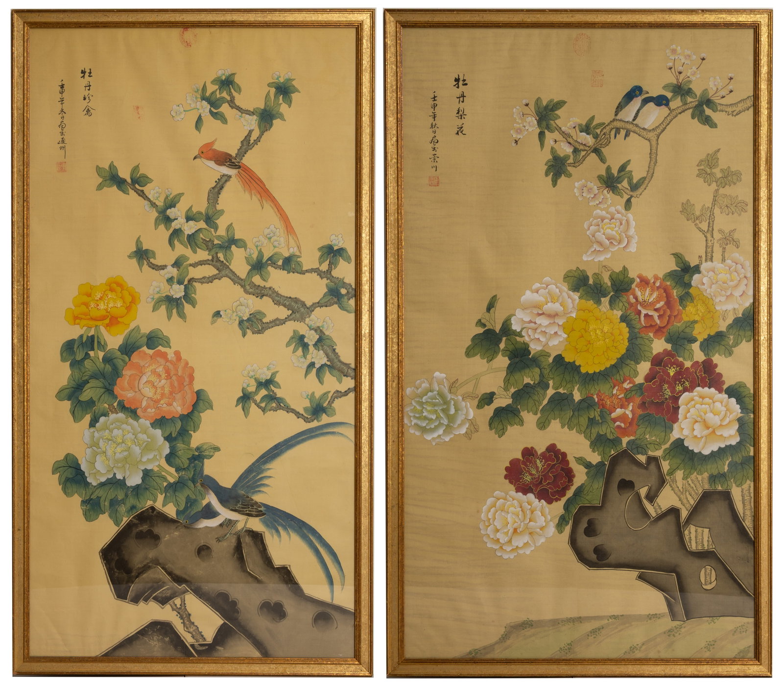 TWO LARGE FRAMED WATERCOLOURS ON SILK BY JAPANESE ARTIST IN THE CHINESE STYLE, HARUDA SHUSEN, 1932.: TWO LARGE FRAMED WATERCOLOURS ON SILK BY JAPANESE ARTIST IN THE CHINESE STYLE, HARUDA SHUSEN, 1932. Peonies and Pear Blossoms together with Peonies and Exotic Birds. With inscription and red seals, da