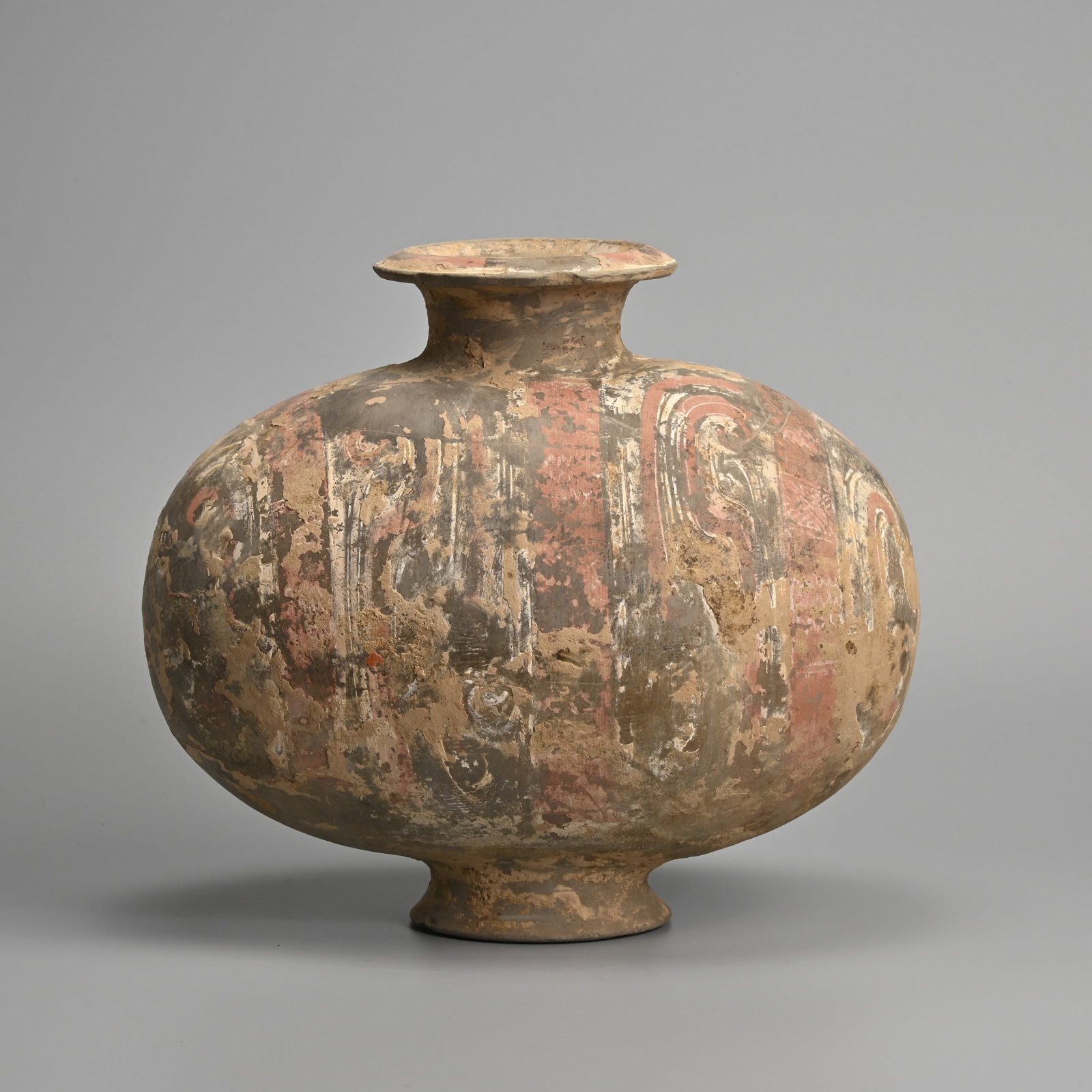 A CHINESE PAINTED GREY POTTERY COCOON JAR, WESTERN HAN DYNASTY (206 BC - AD 8). (1 of 6)