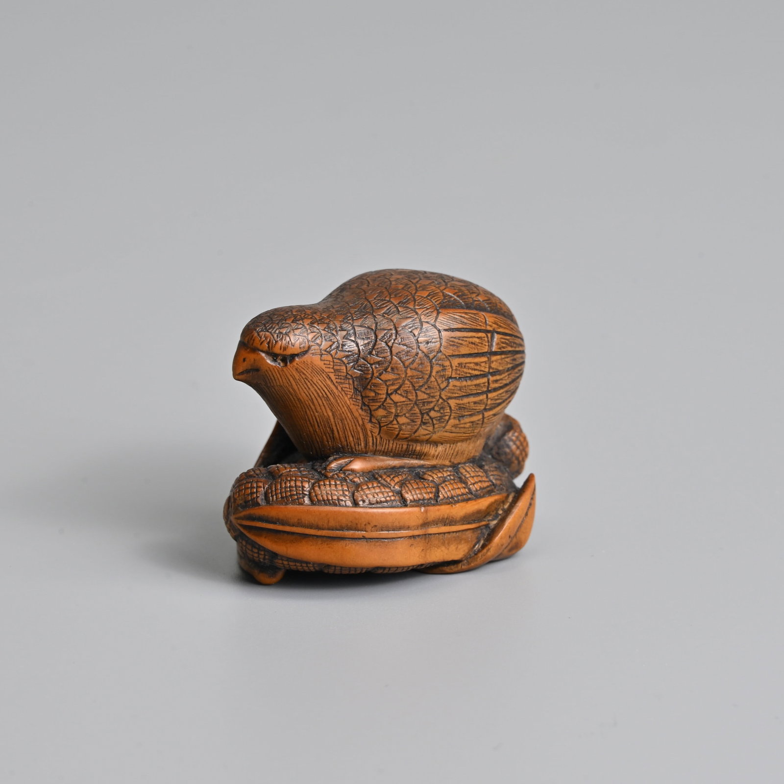 A JAPANESE CARVED BOXWOOD 'QUAIL ON MILLET' NETSUKE, AFTER OKATOMO MEIJI PERIOD. (1 of 6)