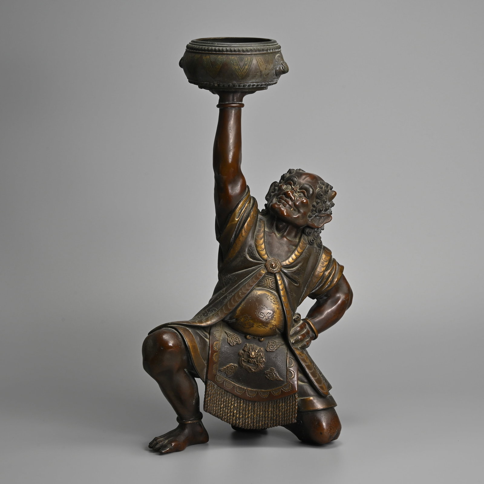 A JAPANESE BRONZE FIGURE OF ONI HOLDING A CENSER, MEIJI / TAISHO PERIOD. (1 of 7)