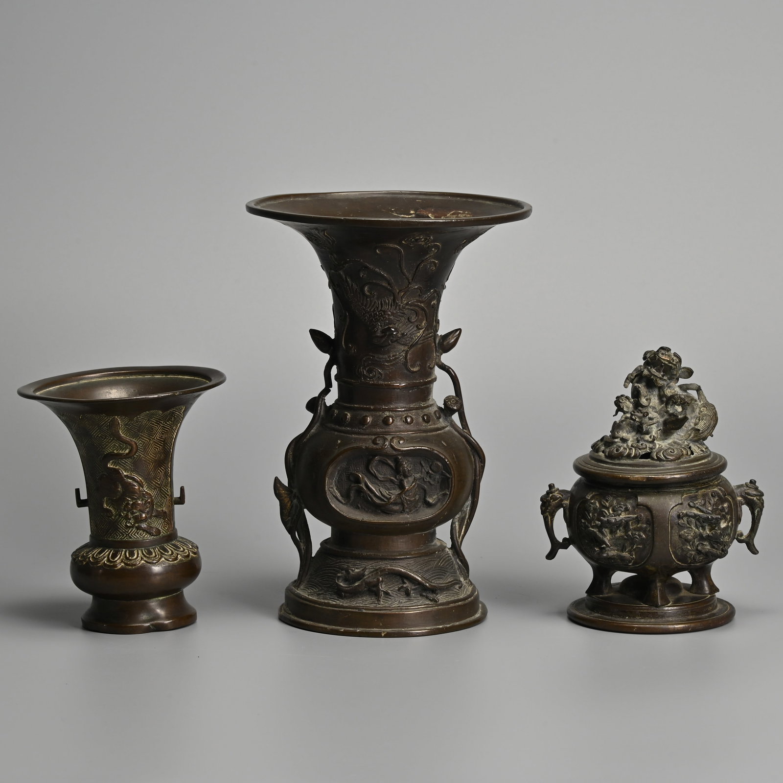 THREE JAPANESE BRONZE VESSELS, TO INCLUDE A KORO AND TWO VASES, MEIJI PERIOD. (1 of 15)