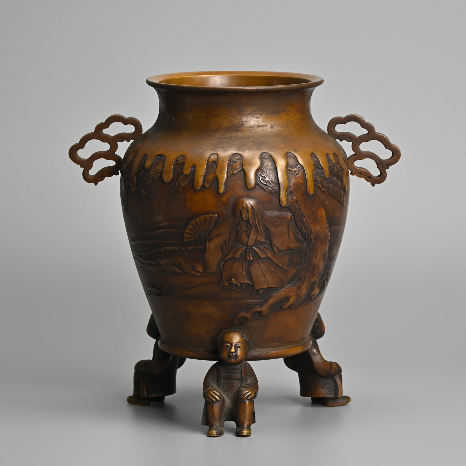 A JAPANESE BRONZE HANDLED 'SHOJO' VASE WITH FIGURAL SUPPORTS, 20TH CENTURY. (1 of 7)