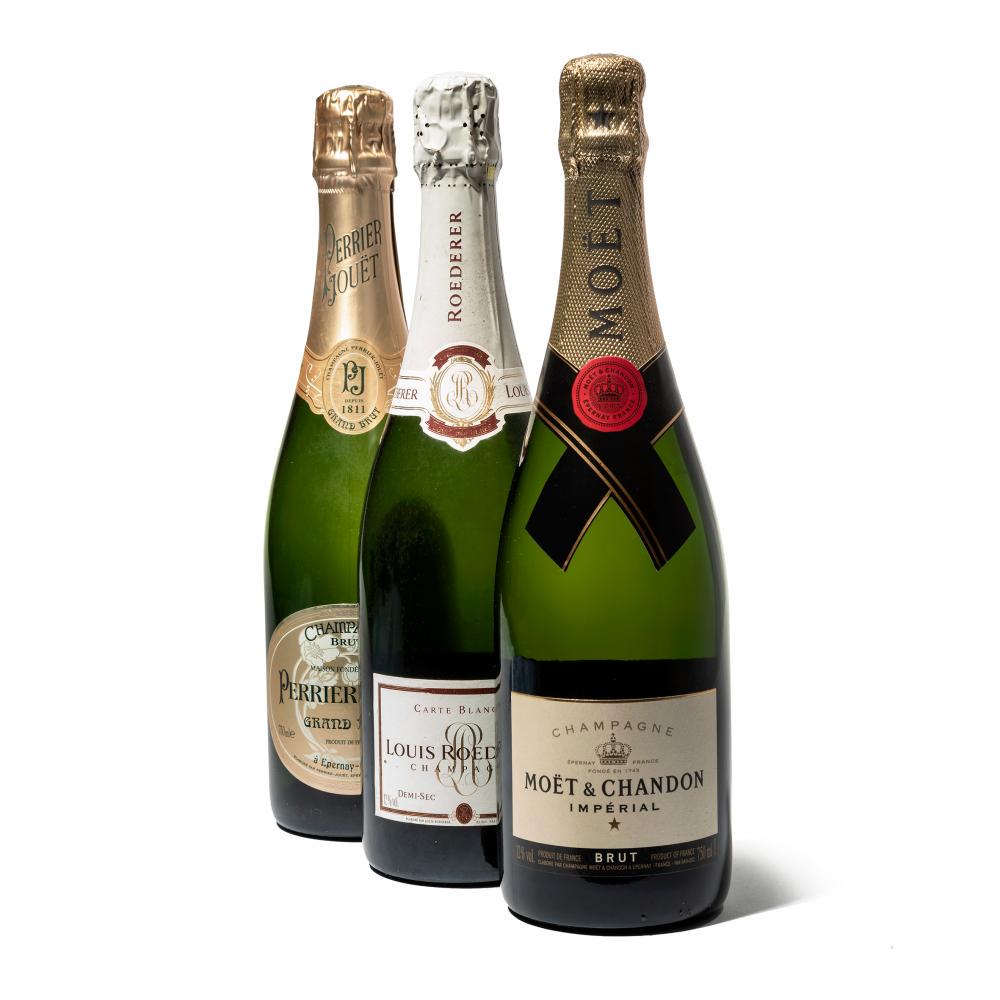 Mixed Champagne and Sparkling Wine: Louis Roederer Carte Blanche Demi-Sec NV Lightly bin-soiled label (1) Perrier-Jouet Grand Brut NV (1) Moet et Chandon Brut Imperial NV (10) Laurent-Perrier Rose NV In original individual cartons (5) N