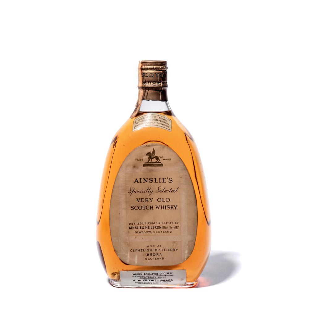 Ainslie's Very Old Scotch Whisky 1960s: 1 bottle Ainslie's Very Old Scotch Whisky Believed 1960s Bottled by Ainslie & Heilbron. Italian import M di Chiano. Spring capsule. Lightly bin-soiled label. Level 1cms 75cl 43%
