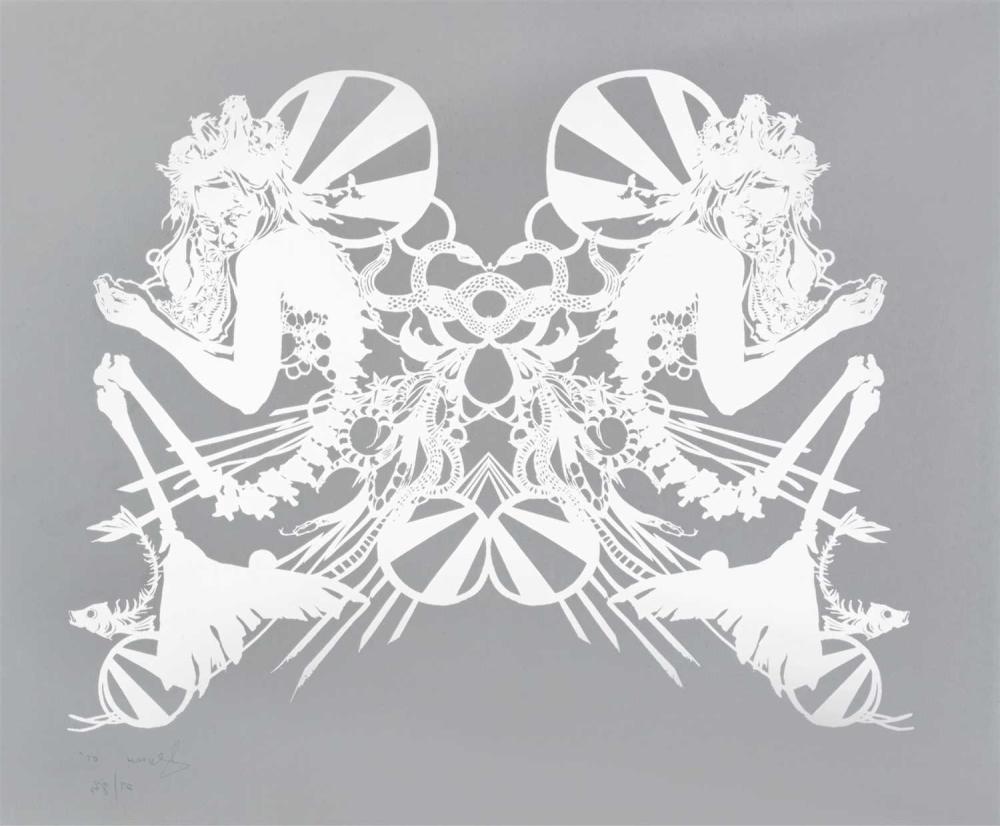 Swoon ( American b.1978 " Miss Rockaway ": Swoon ( American b.1978) Cut paper and found object (cabinet with glass face) Signed Edition Variant 1/20 24 × 28 in 61 × 71.1 cm