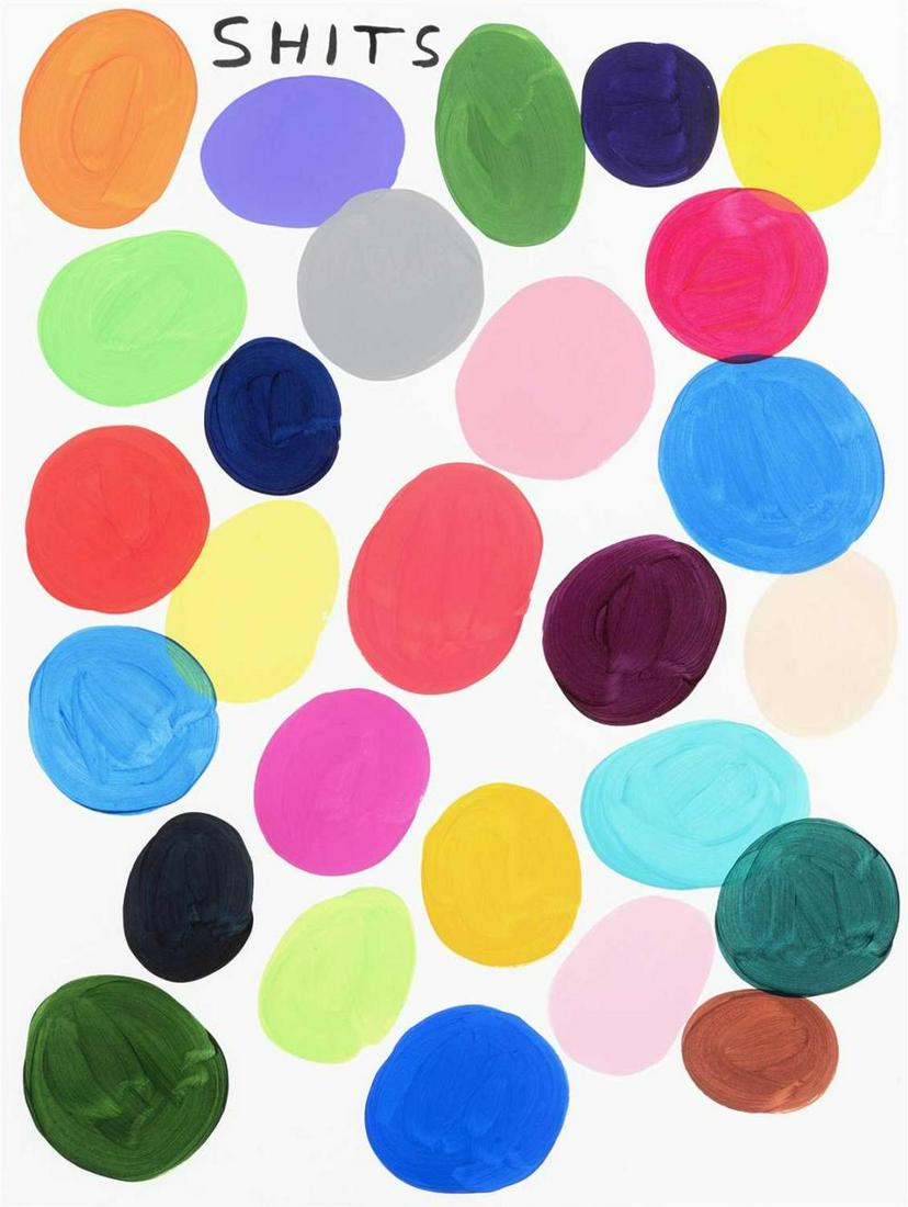 David Shrigley (British b.1968), 'Shits', 2019: David Shrigley (British b.1968), 'Shits', 2019, and painted acrylic on 640gsm Fabriano Artistico paper, signed, dated and numbered from an edition of 125 unique works in pencil verso, published by Cou