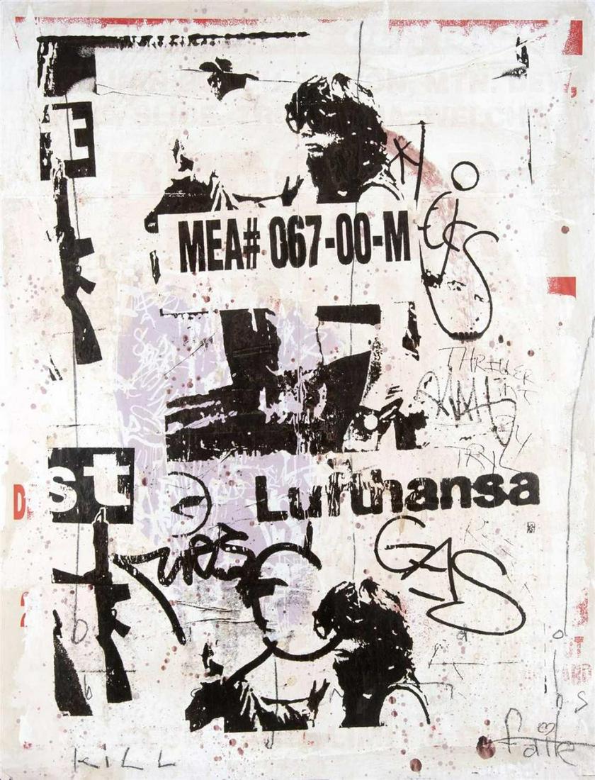 Faile (Callaboration), ‘Lufthansa’, unique: Faile (Callaboration), ‘Lufthansa’, unique, hand finished one colour screen print on painted Key Foods poster paper, signed and inscribed in pencil; sheet: 113 x 88cm