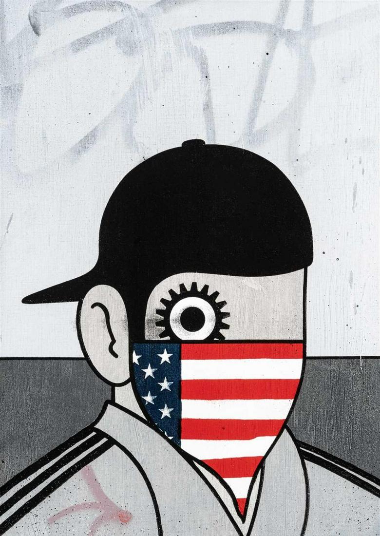 Paul Insect (British, b. 1971), ‘Clockwork USA‘: Paul Insect (British, b. 1971), ‘ Clockwork USA’ , 2012, Acrylic and spray paint on canvas , Signed and dated in black marker on the verso from an e dition of 4 52 x 72cm inc Frame ARR