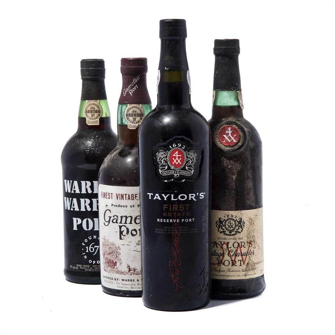 Mixed Port: Taylor Vintage Character DW 4X (2) Cockburn and Campbell Crusting Port Bottled 1979. Bin-soiled label (1) Taylor LBV 1979 Faded label (1) Fonseca Bin 27 (1) Taylor First Estate Reserve Port (1) Warre'