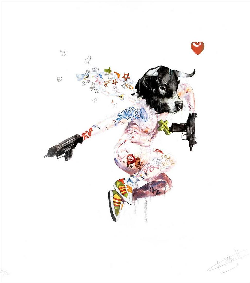 Antony Micallef (British b.1975), 'Uzi Lover 1', 2007: Antony Micallef (British b.1975), 'Uzi Lover 1', 2007, lithograph in colours on wove paper, signed and numbered from an edition of 400 in pencil, published by Lazarides; sheet: 68 x 65cm (framed) ARR