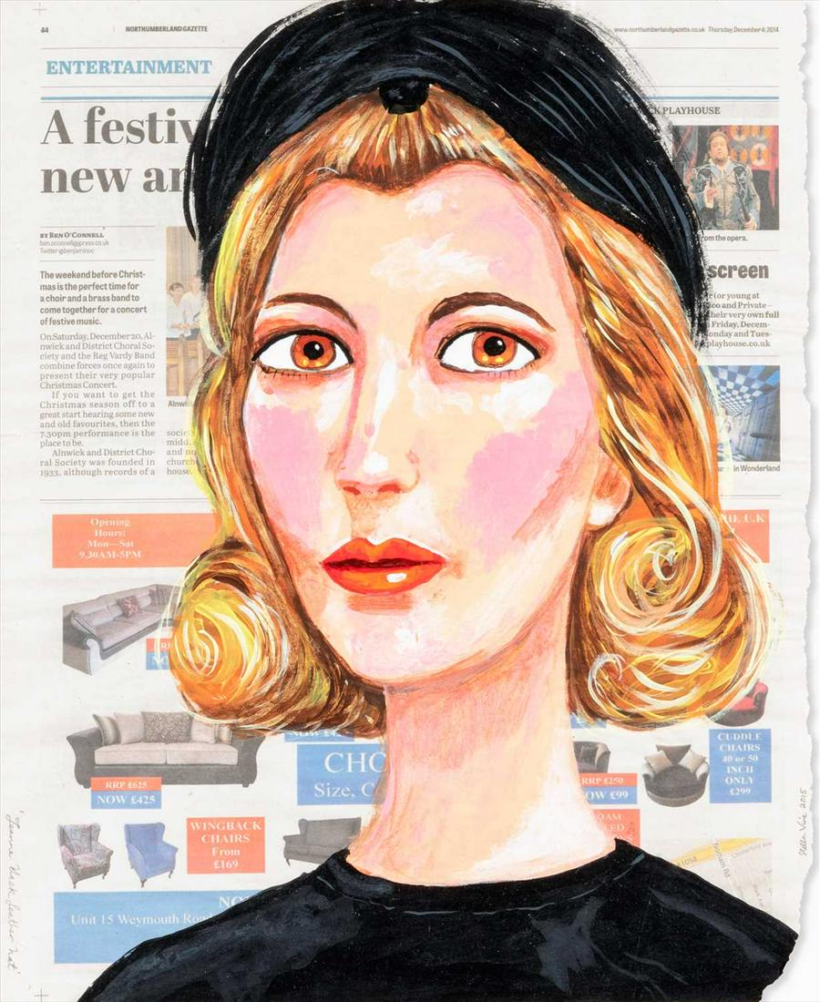Stella Vine (British b.1969), 'Jeanne Black Feather: Stella Vine (British b.1969), 'Jeanne Black Feather Hat', 2015, unique, acrylic on reclaimed Northumberland Gazzette news paper, signed and dated in pencil, sheet: 36 x 29cm ARR