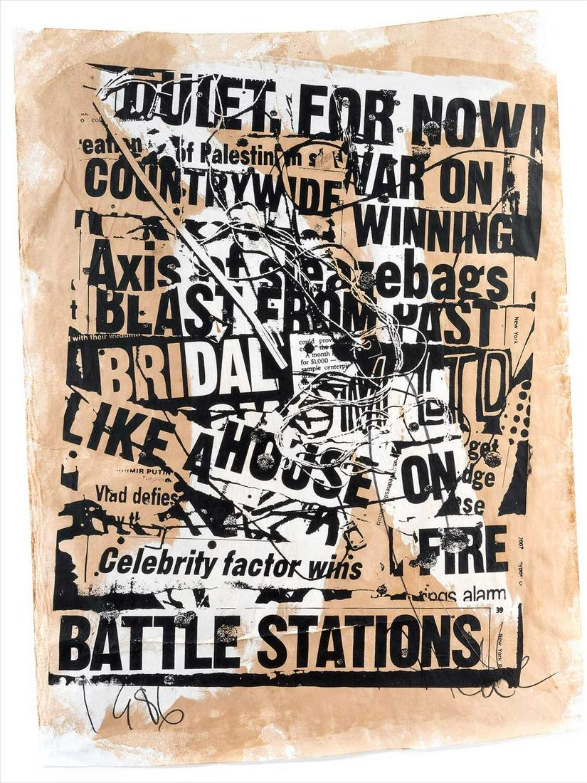 Faile (Collaboration), 'Quiet For Now', 2007: Faile (Collaboration), 'Quiet For Now', 2007, hand embellished screen print on distressed paper, signed and inscribed in pencil front, from an edition of 2, produced for Santa's Ghetto, Palestine, 200