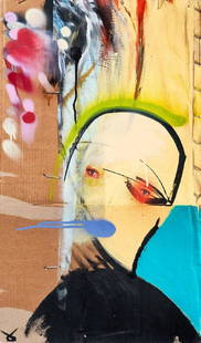 Adam Neate (British b.1977), untitled, unique: Adam Neate (British b.1977), untitled, unique, mixed media on reclaimed cardboard, signed with the artists' monogram lower left; 81 x 53cm inc frame ARR
