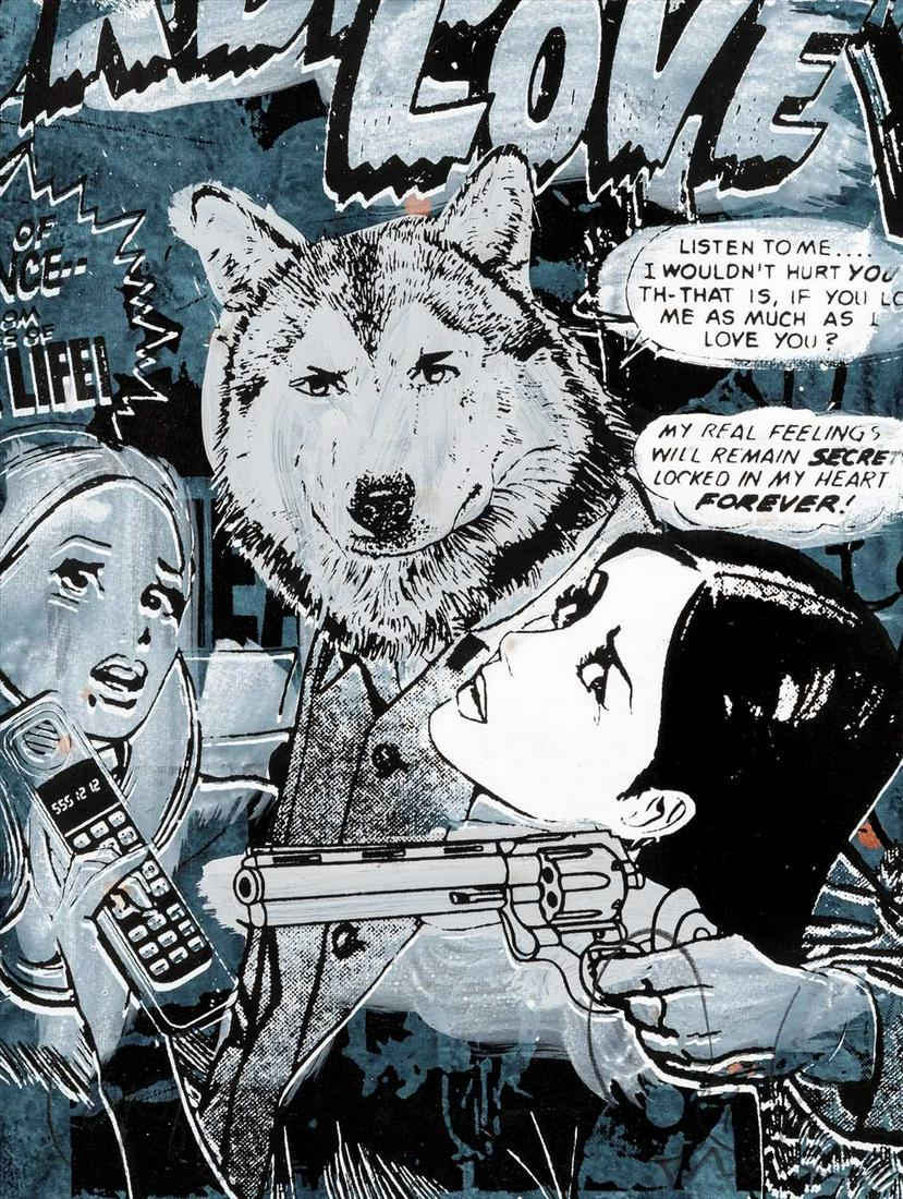 Faile (Collaboration), 'Forbidden Love (Blue)', 2008: Faile (Collaboration), 'Forbidden Love (Blue)', 2008, silkscreen, acrylic and spray paint on thick textured paper, signed and inscribed in pencil front, numbered from an edition of 11 verso; sheet: 61