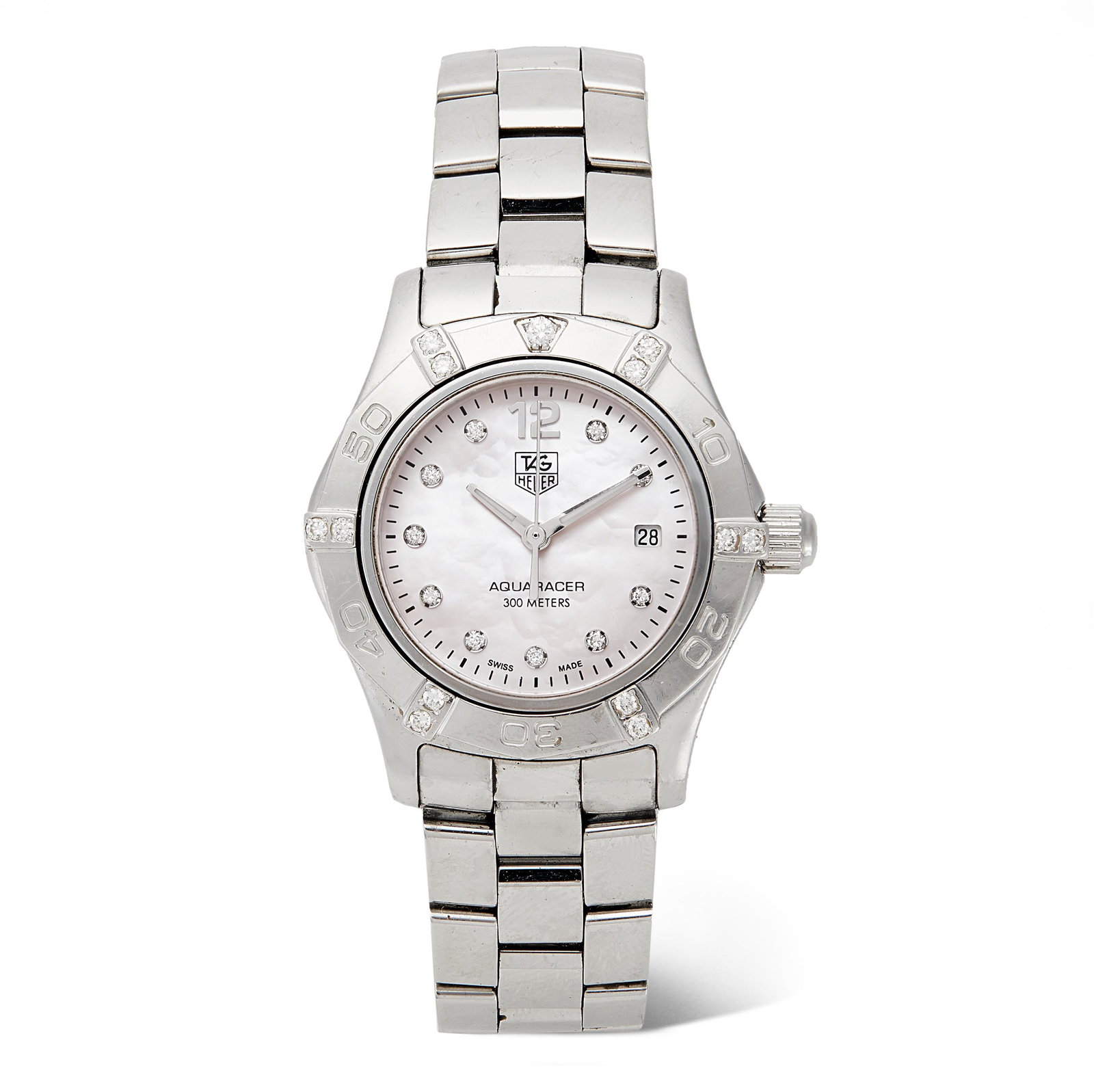 Tag Heuer - a stainless steel and diamond set Aquaracer: Mother-of-pearl dial with factory set diamond dot hour markers, Arabic numeral twelve and date aperture to three, diamond set calibrated bezel, fitted to a signed stainless steel bracelet with folding