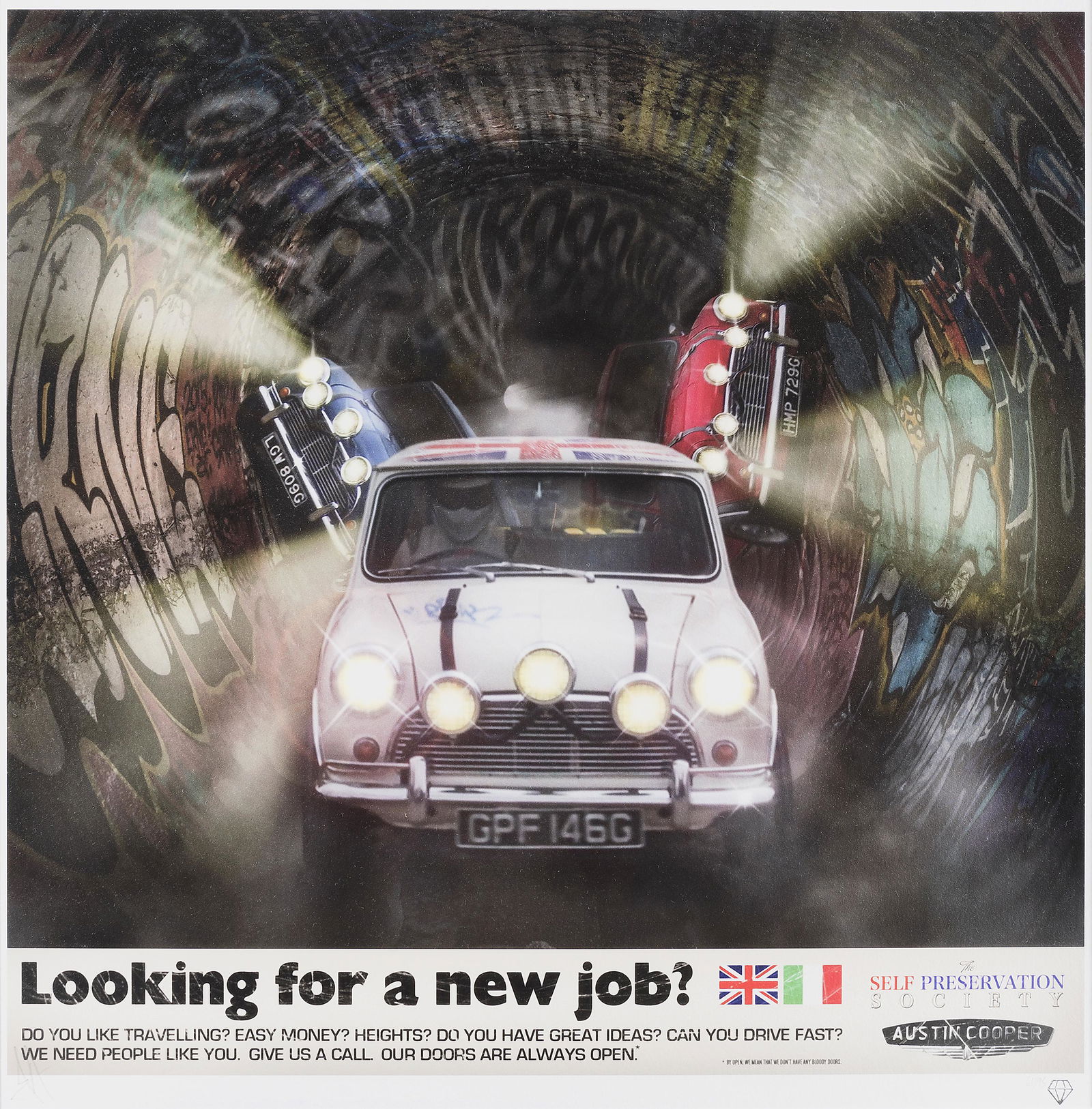 JJ Adams (British 1978-), 'Self Preservation Society': JJ Adams (British 1978-), 'Self Preservation Society', giclee print in colours on wove paper, signed and numbered from an edition of 95 in pencil, published by Wishbone Publishing; 89 x 89cm inc frame