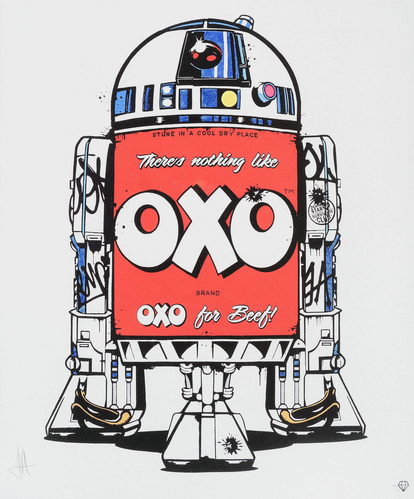 JJ Adams (British 1978-), 'British Branded R2D2 (OXO)': JJ Adams (British 1978-), 'British Branded R2D2 ( OXO )', giclee print in colours on wove paper, signed and numbered from an edition of 77 in pencil, published by Wishbone Publishing; 87 x 76cm inc fr