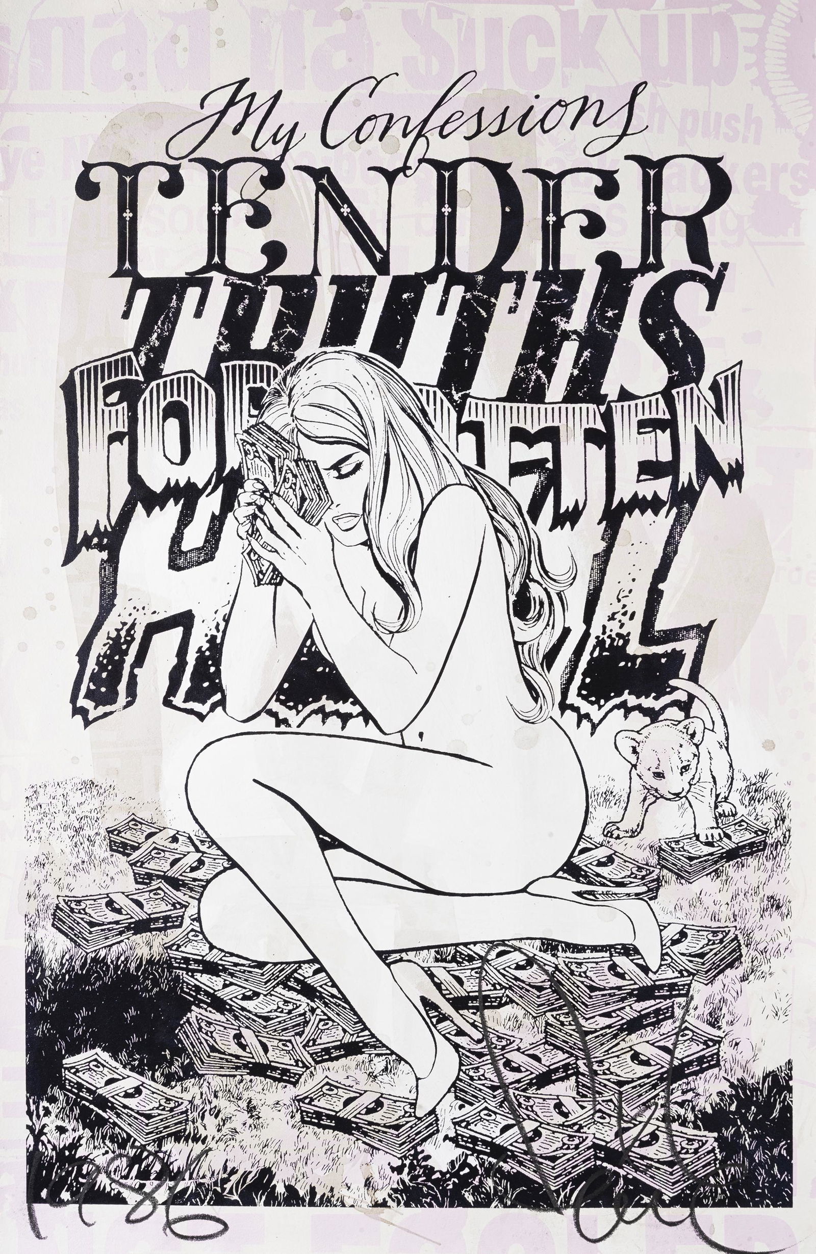 Faile (Collaboration), 'My Confessions', 2008: Faile (Collaboration), 'My Confessions', 2008, acrylic and silkscreen on Lenox 100 paper, signed, dated and numbered from an edition fo 170; sheet: 96.5 x 63.5cm
