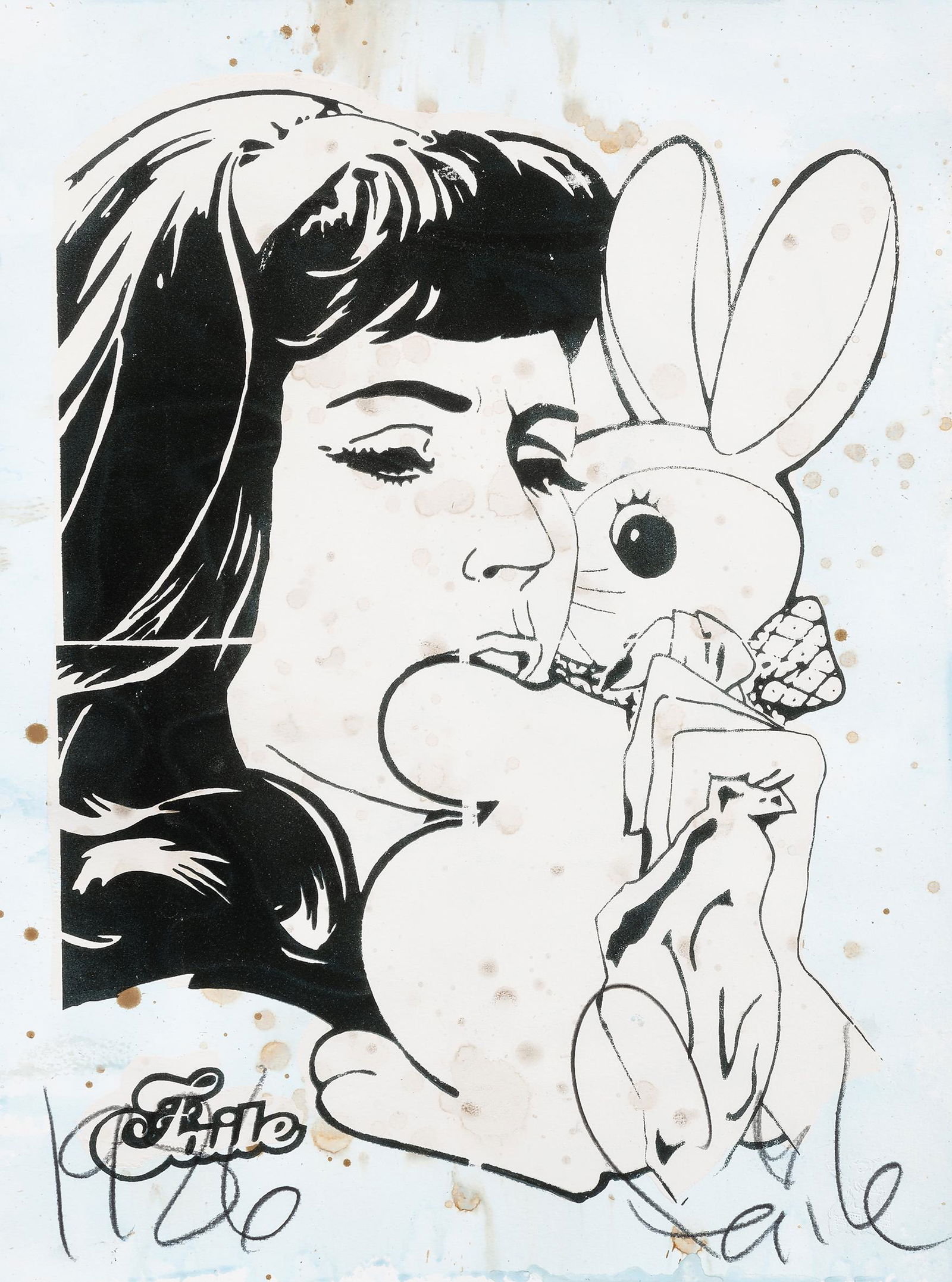 Faile (Collaboration), 'Bunny Girl (Blue)', 2006: Faile (Collaboration), 'Bunny Girl (Blue)', 2006, screenprint and mixed media on 140 Lb Watercolour Paper, signed and inscribed front, dated Dec 05 2006 in red ink verso, from an un-numbered varied ed