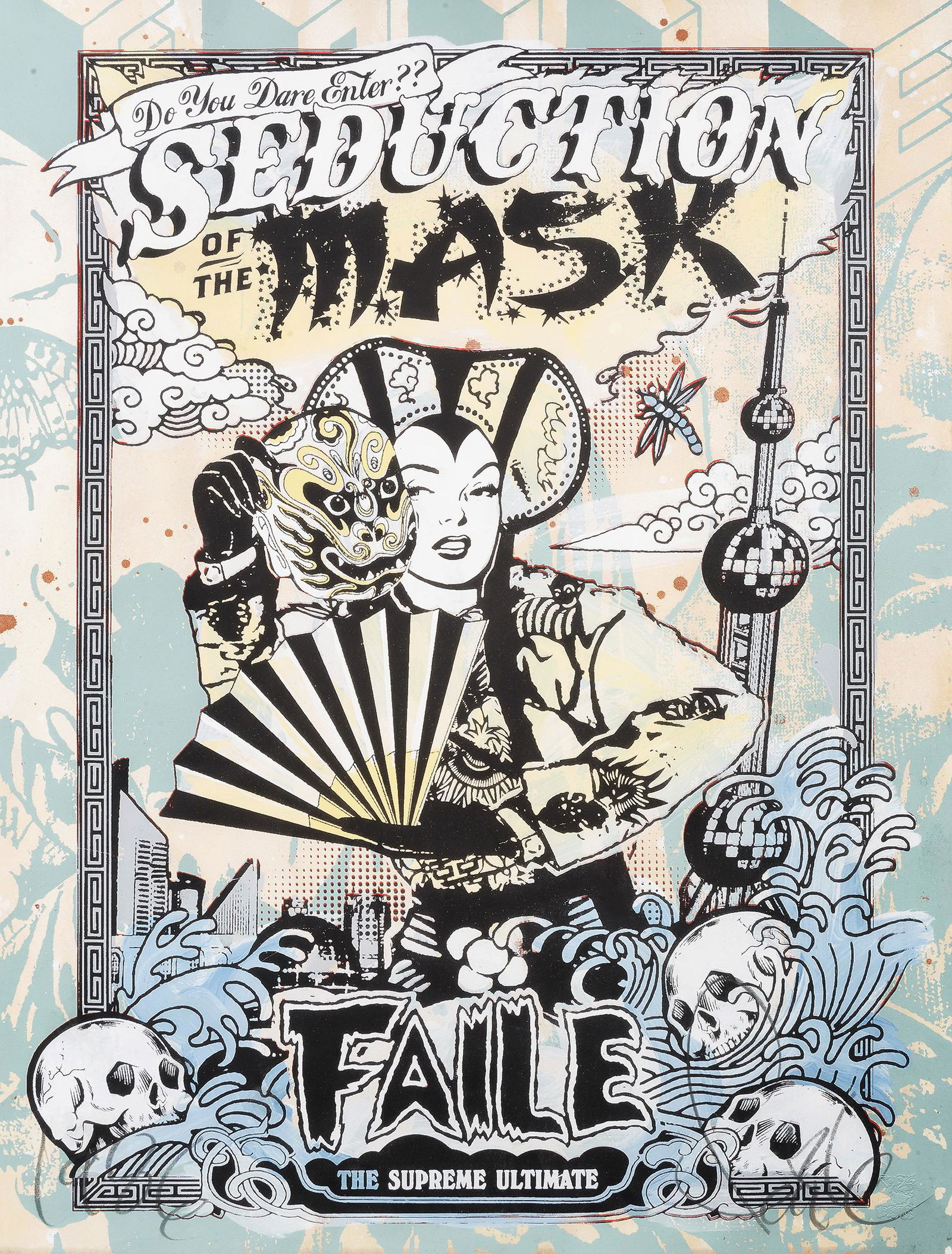 Faile (Collaboration), 'Seduction Of The Mask (Green)',: Faile (Collaboration), 'Seduction Of The Mask (Green)', 2007, acrylic and silkscreen on Lenox 100 paper, signed front, numbered from a varied edition of 18 verso; sheet: 102.5 x 79.5cm inc frame