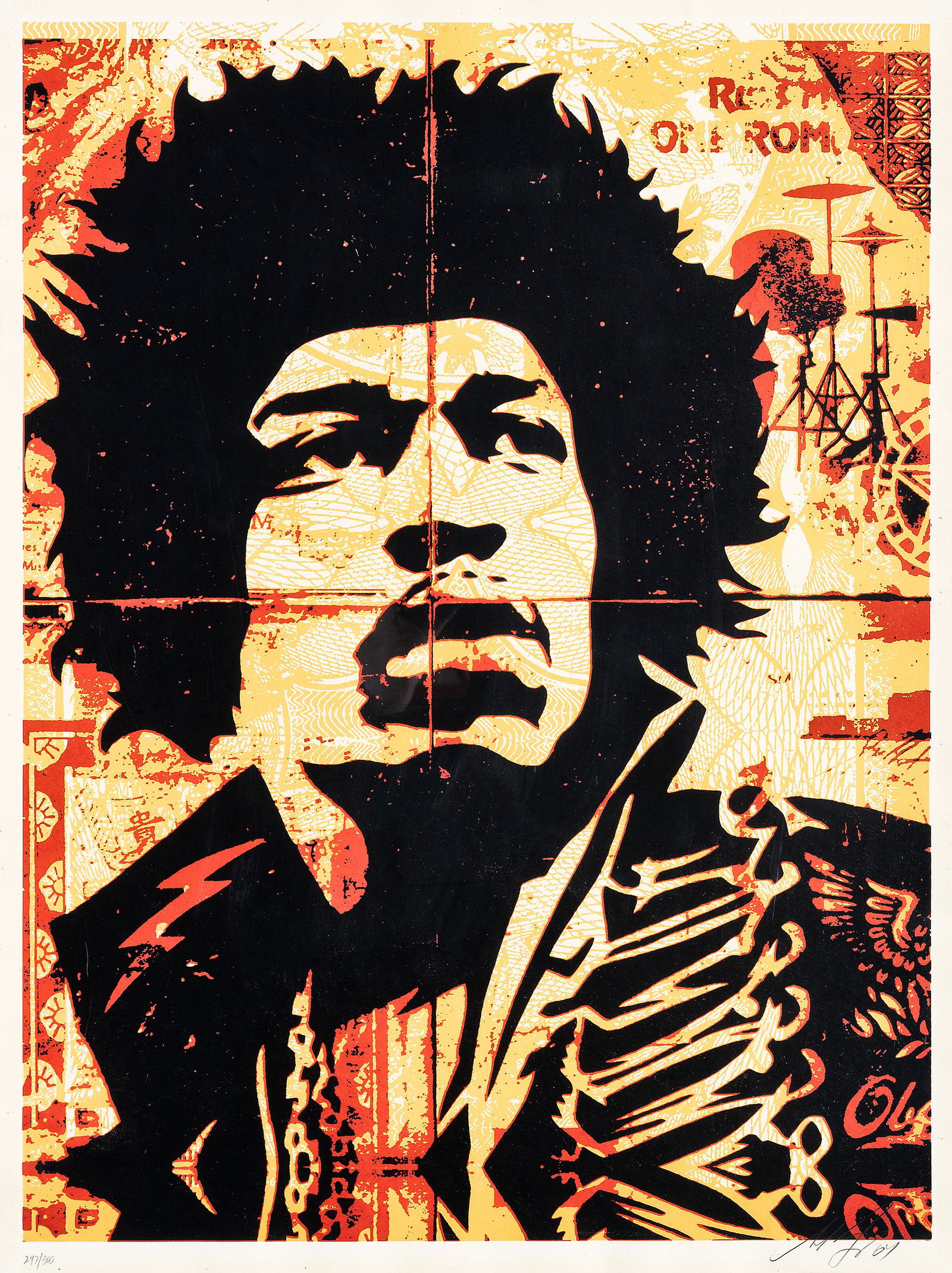 Shepard Fairey (American 1970-), 'Hendrix', 2004: Shepard Fairey (American 1970-), 'Hendrix', 2004, screenprint in colours on speckle tone paper, signed, dated and numbered from an edition of 300 in pencil; sheet: 61 x 45.5cm