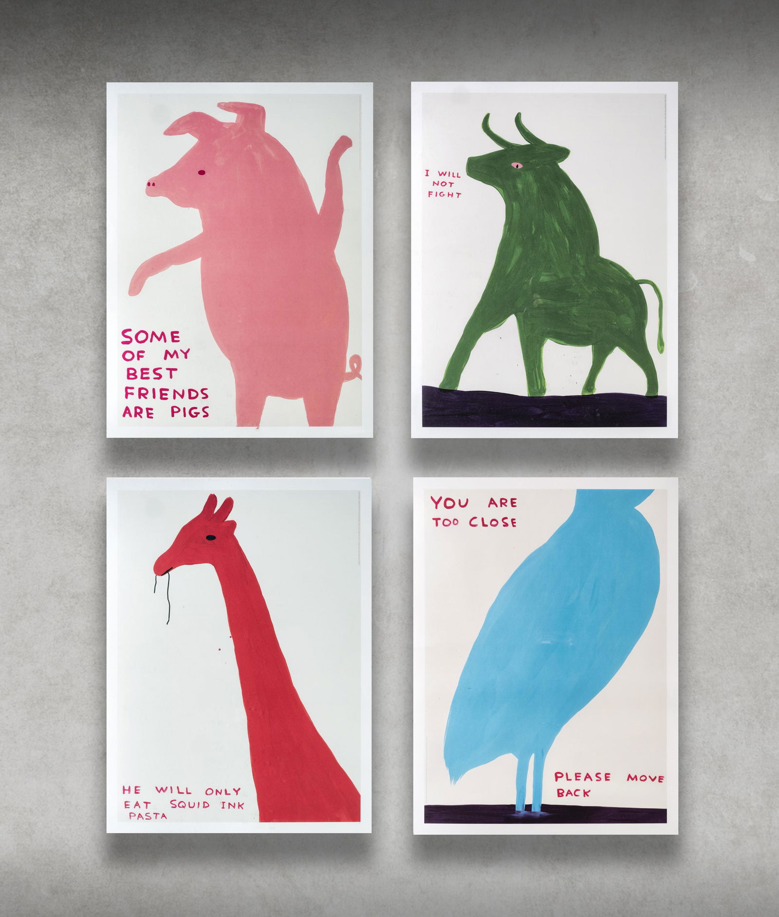 David Shrigley (British 1968-), 'Animal Series', 2020: David Shrigley (British 1968-), 'Animal Series', 2020, a complete set of four offset lithographs in colors on 200g Munken Lynx paper, from an open edition; sheets: 80 x 60cm each (4) ARR