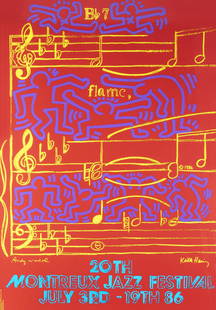 Andy Warhol & Keith Haring (Collaboration), 'Montreux: Andy Warhol (American 1928-1987) & Keith Haring (American 1958-1990) (Collaboration), 'Montreux Jazz Festival', 1986, screen print in colours on wove paper, printed by Serigraphie Uldry Bern; sheet: