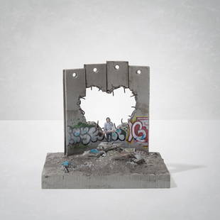 Banksy (British 1974 -), 'Walled Off Hotel - Four-Part: Banksy (British 1974 -), 'Walled Off Hotel - Four-Part Defeated Wall Section (Love Hurts)', hand-painted resin sculpture with detachable figure; 11.5cm tall inc base ARR