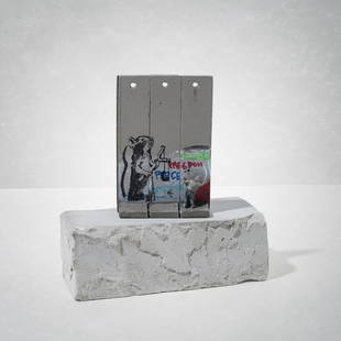 Banksy (British 1974 -), 'Walled Off Hotel - Three-Part: Banksy (British 1974 -), 'Walled Off Hotel - Three-Part Souvenir Wall Section (Slingshot Rat)', hand-painted resin sculpture with West Bank Separation Wall base; 13cm tall inc base ARR