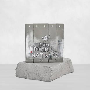 Banksy (British 1974 -), 'Walled Off Hotel - Two-Part: Banksy (British 1974 -), 'Walled Off Hotel - Two-Part Souvenir Wall Section (Make Hummus Not Walls)', hand-painted resin sculpture with West Bank Separation Wall base; 12cm tall inc base ARR