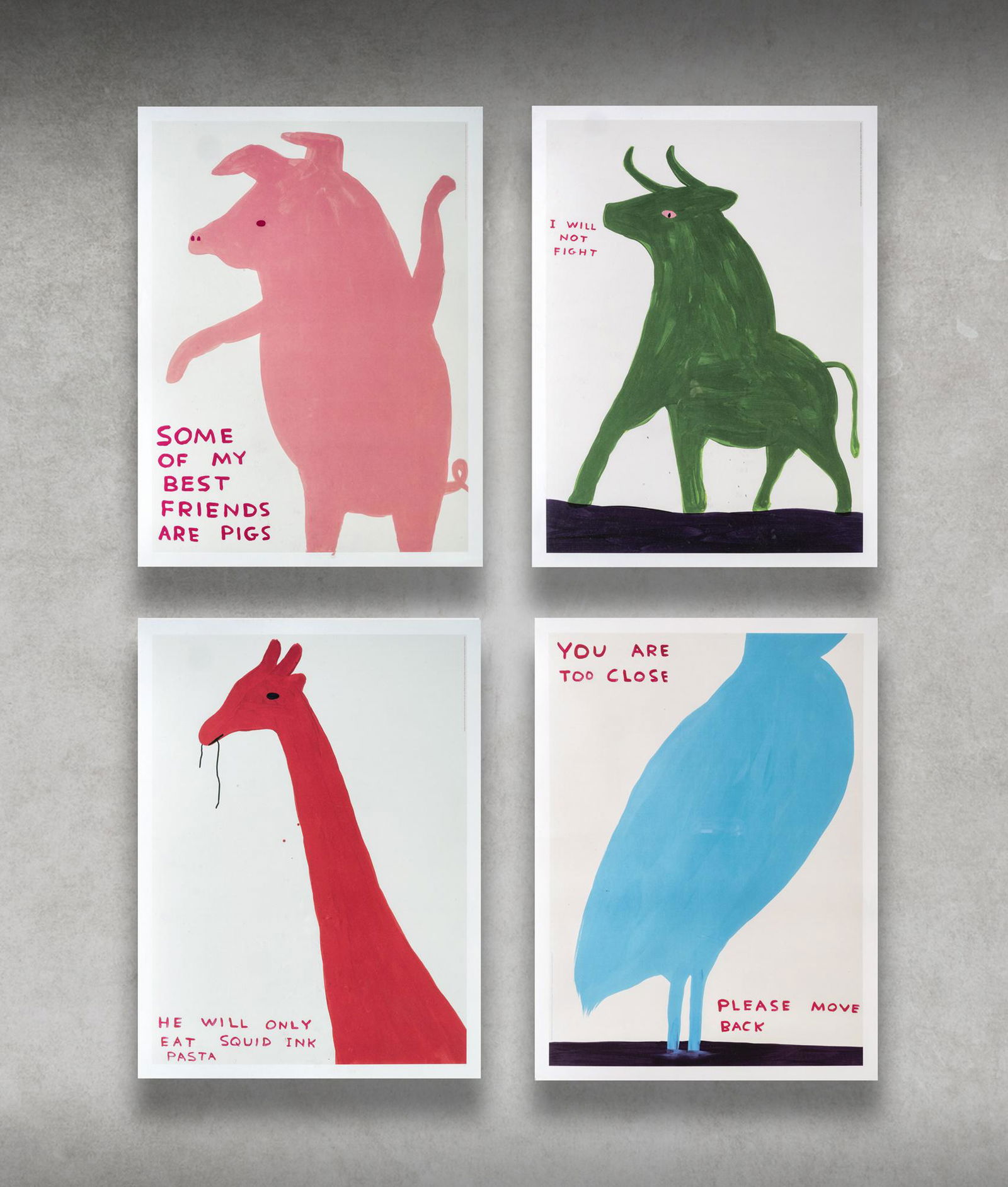 David Shrigley (British 1968-), 'Animal Series', 2020: David Shrigley (British 1968-), 'Animal Series', 2020, a complete set of four offset lithographs in colors on 200g Munken Lynx paper, from an open edition; sheets: 80 x 60cm each (4) ARR