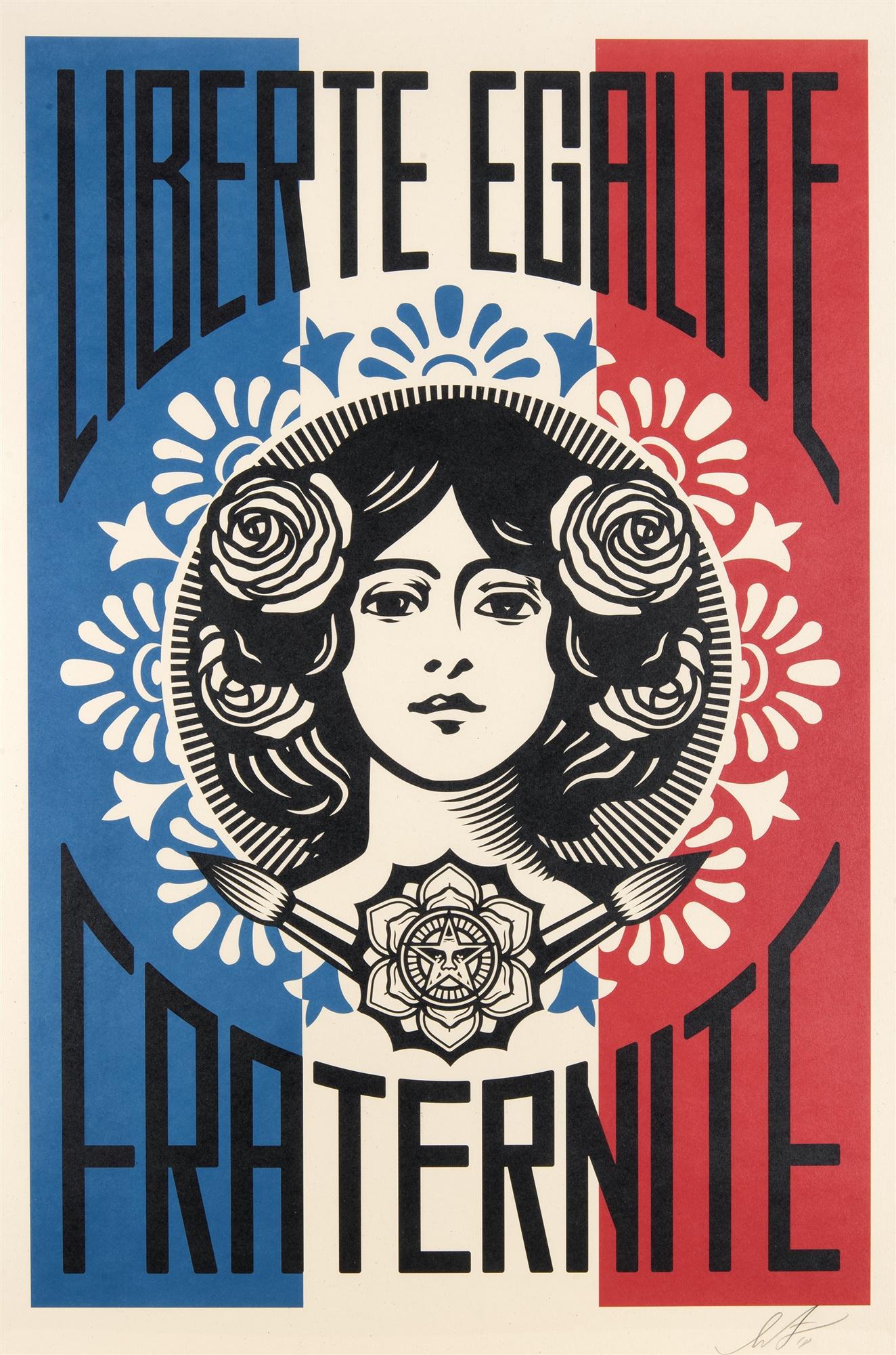 Shepard Fairey (American 1970-), 'Liberte, Egalite,: Shepard Fairey (American 1970-), 'Liberte, Egalite, Fraternite', 2018, offset lithograph in colours on cream Speckle Tone paper, signed and dated in pencil; sheet: 91 x 61cm