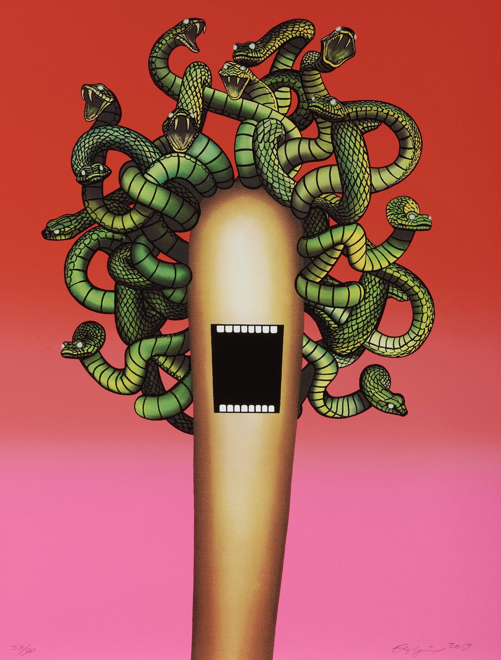 Emily Mae Smith (American 1979-), 'Medusa', 2019: Emily Mae Smith (American 1979-), 'Medusa', 2019, screenprint in colours with glow in the dark inks on Coventry Rag paper, signed, dated and numbered from an edition of 90 in pencil, published by Elec