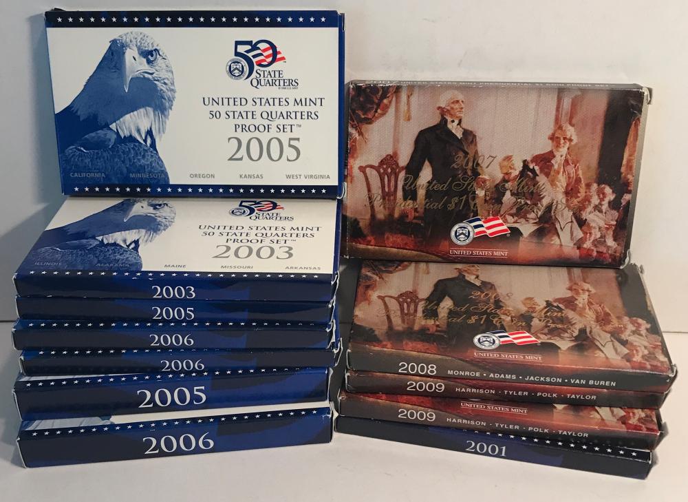 (12) assorted U.S. Mint Proof Coin Sets: Includes: 2005 Proof Set, 2006 Proof Set, (4) Presidential Proof Dollar Sets - 2007, 2008, and (2) 2009; and (6) State Quarter Proof Sets - 2001, 2003, 2005, and (2) 2006. All are in orignal boxes wit