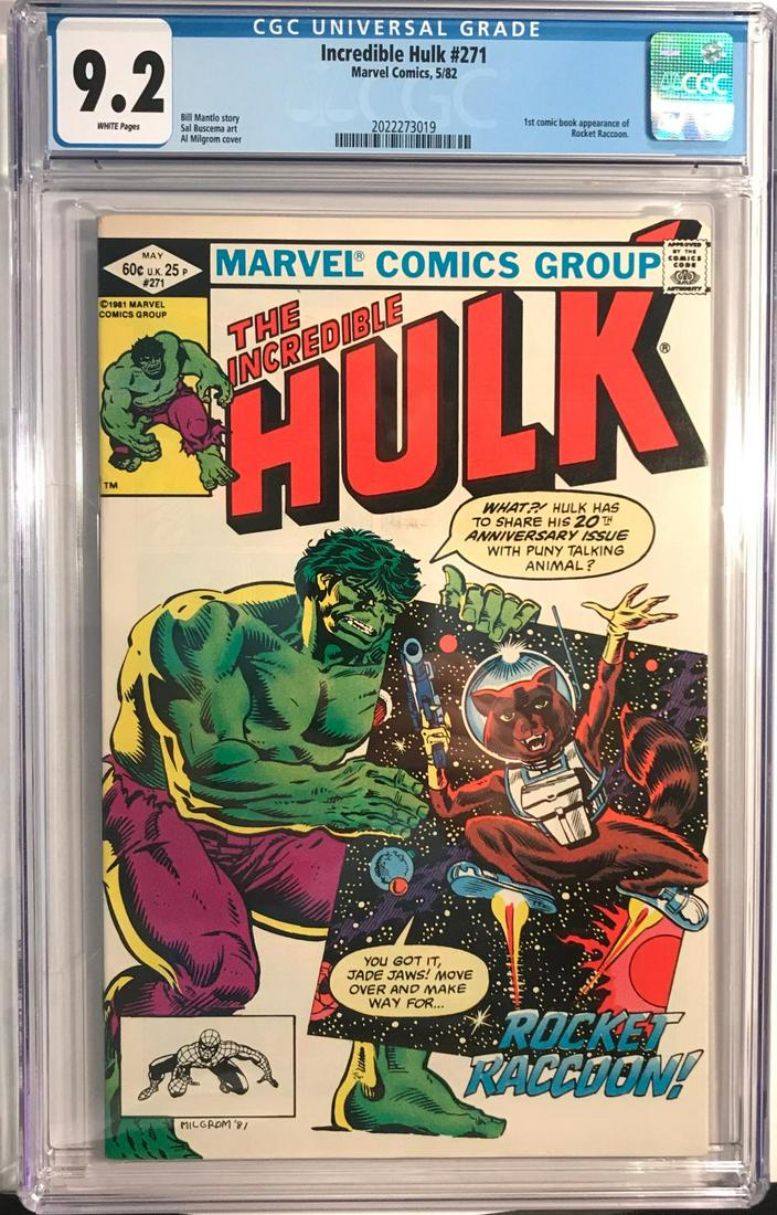 "Incredible Hulk" comic issue #271 - CGC 9.2: Marvel, 1982. 1st comic book appearance of Rocket Raccoon. Graded 9.2 (white pages) by CGC.