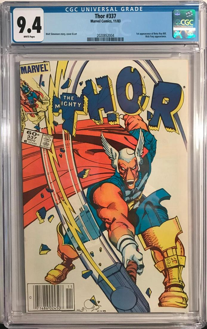 "Thor" comic issue #337 - CGC 9.4: Marvel, 1983. 1st appearance of Beta Ray Bill. Graded 9.4 (white pages) by CGC.