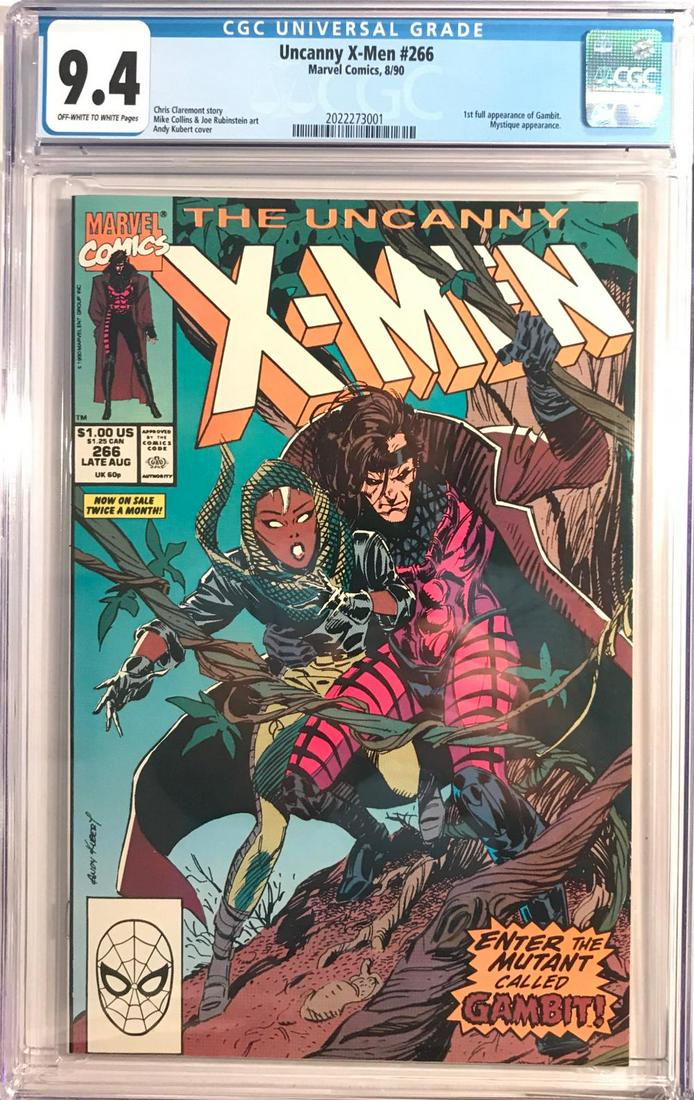 "Uncanny X-Men" comic issue #266 - CGC 9.4: Marvel, 1990. 1st full appearance of Gambit. Graded 9.4 (off-white to white pages) by CGC.
