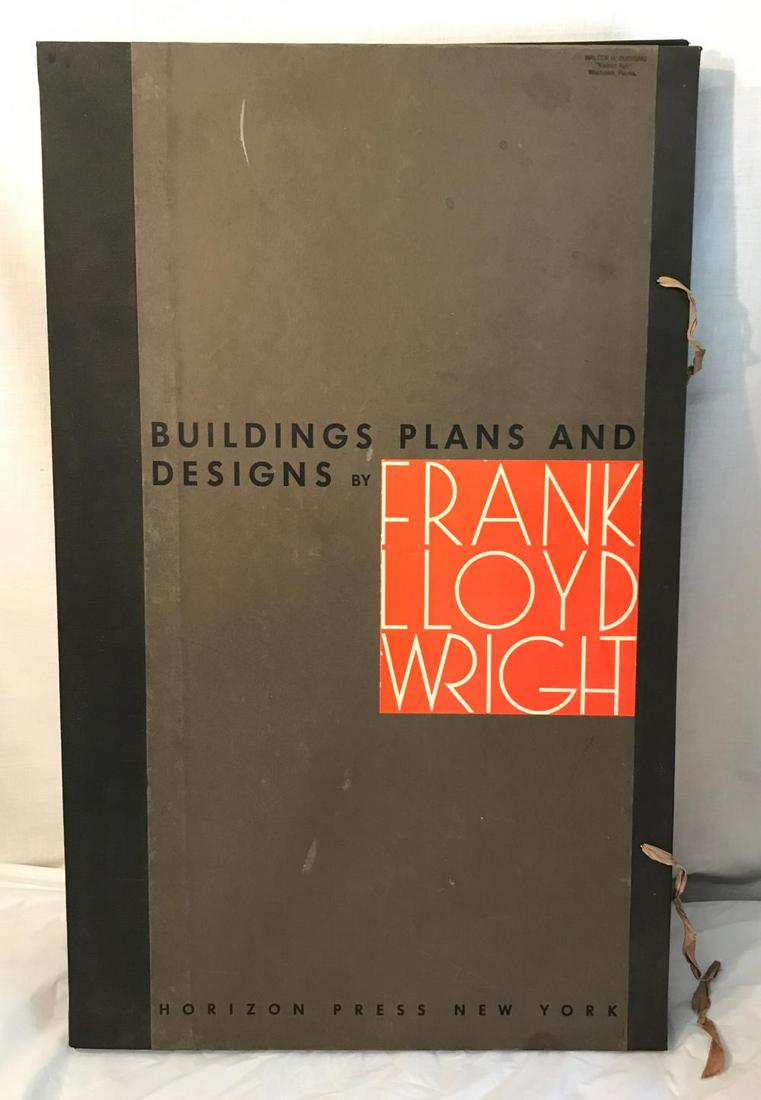 Frank Lloyd Wright - Buildings Plans and Designs: Large 16"x25.5" portfolio published in 1963 by Horizon Press. Includes 100 loose plates of various interior and exterior views of Frank Lloyd Wright's work. Portfolio includes introductory booklet and
